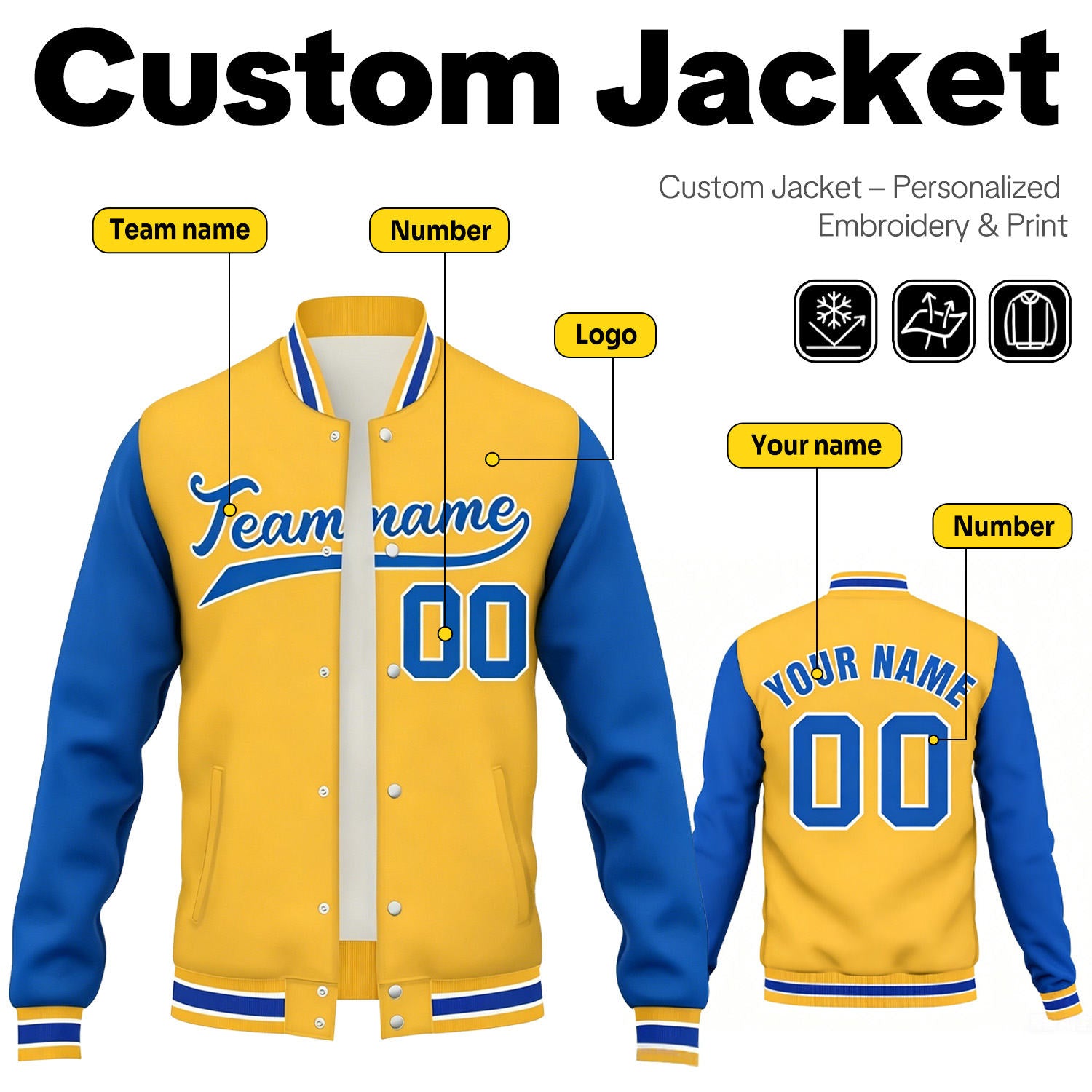 Custom Yellow & Blue Contrast Sleeve Varsity Baseball Jacket | Personalized Team Name & Number