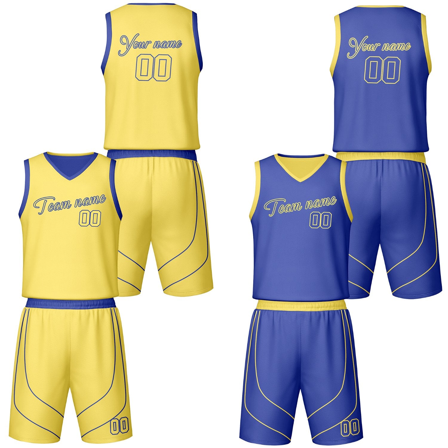 Custom yellow & blue reversible basketball jersey shorts set by Vosoli | Personalized script team name number vintage uniform sportswear