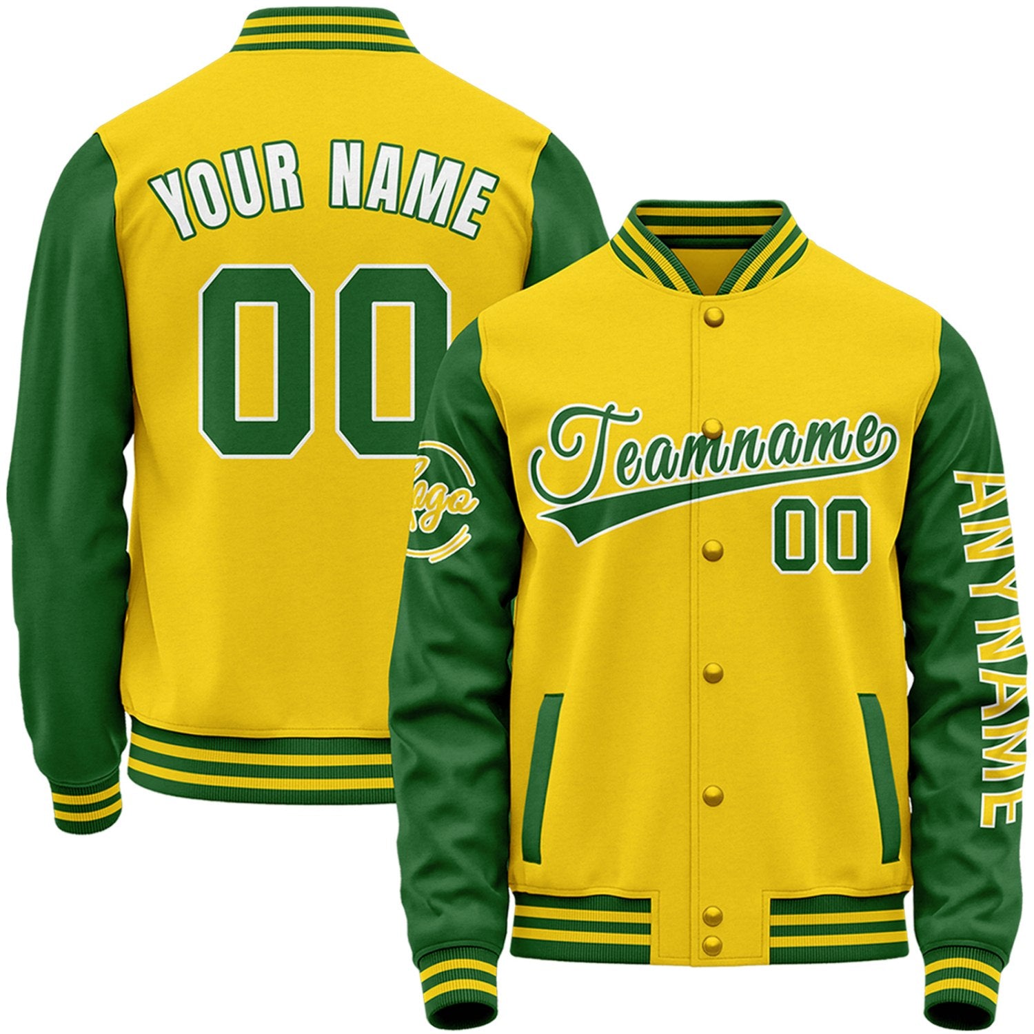 Custom yellow and green baseball letterman jackets by Vosoli with stitched name, number and logo. Classic varsity jacket for baseball and casual wear.