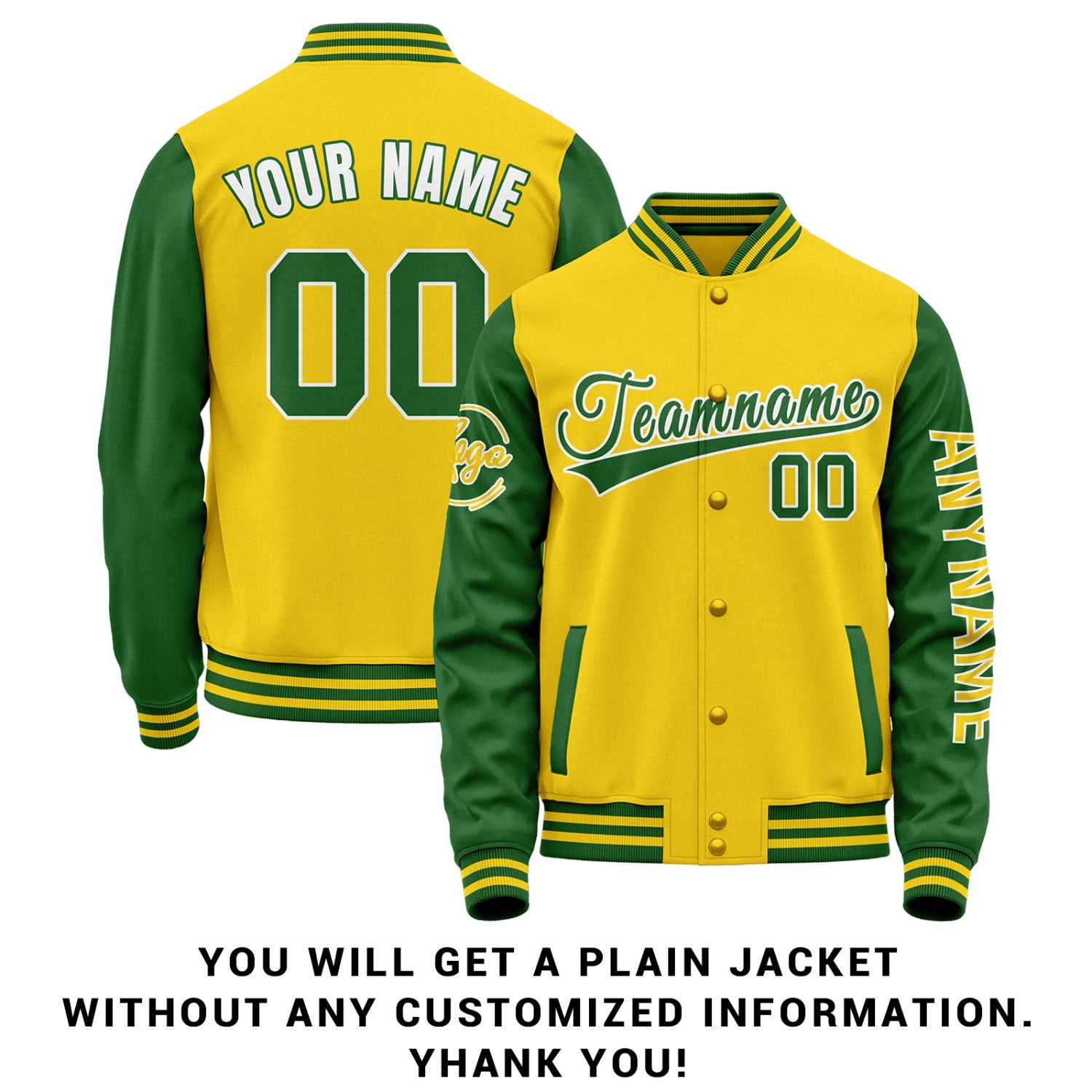 Custom Yellow & Green Two Tone Varsity Letterman Jacket | Personalized Stitched Team Name Number