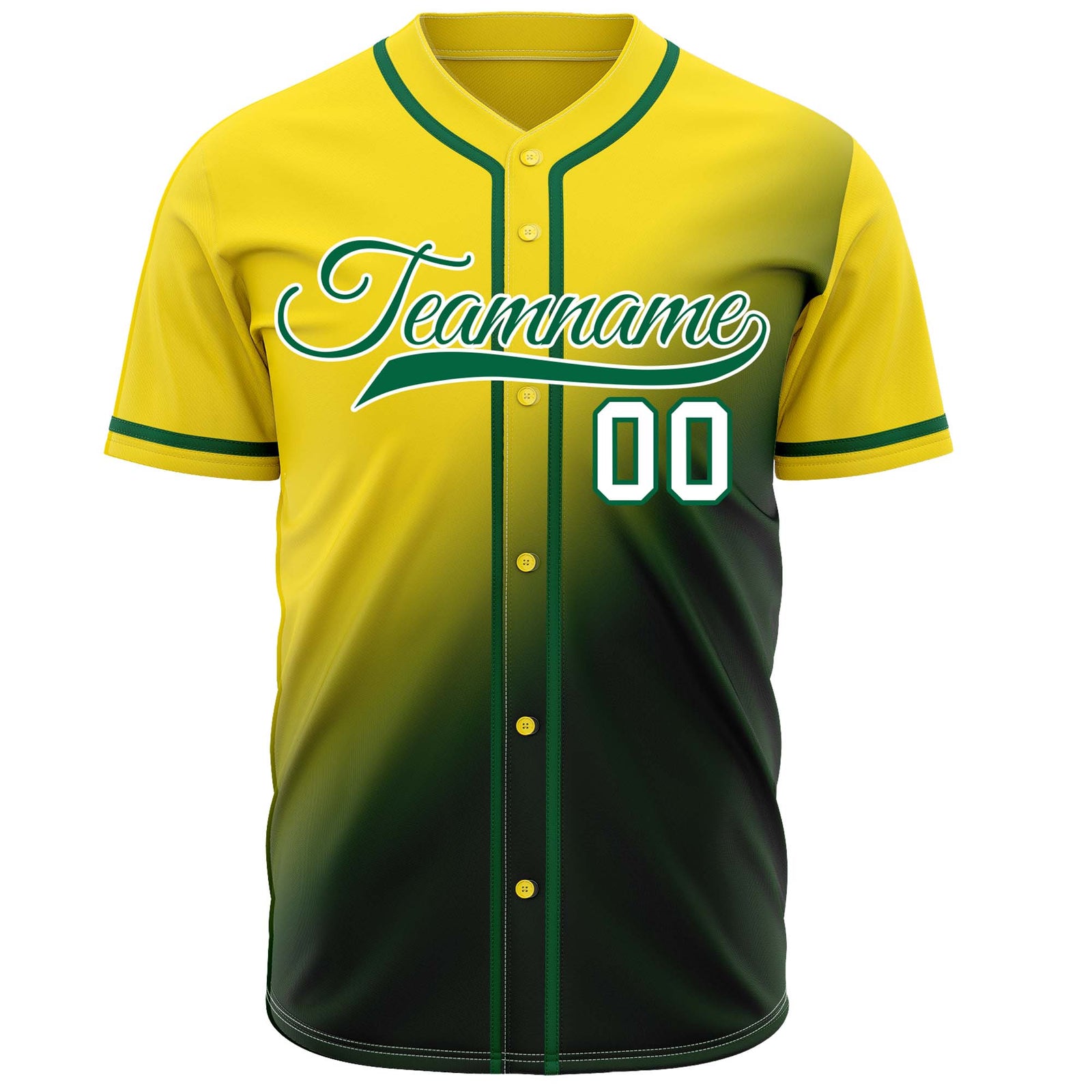 Custom yellow to green gradient baseball jersey, button-front style with green trim, suitable for team sports and casual wear - Vosoli