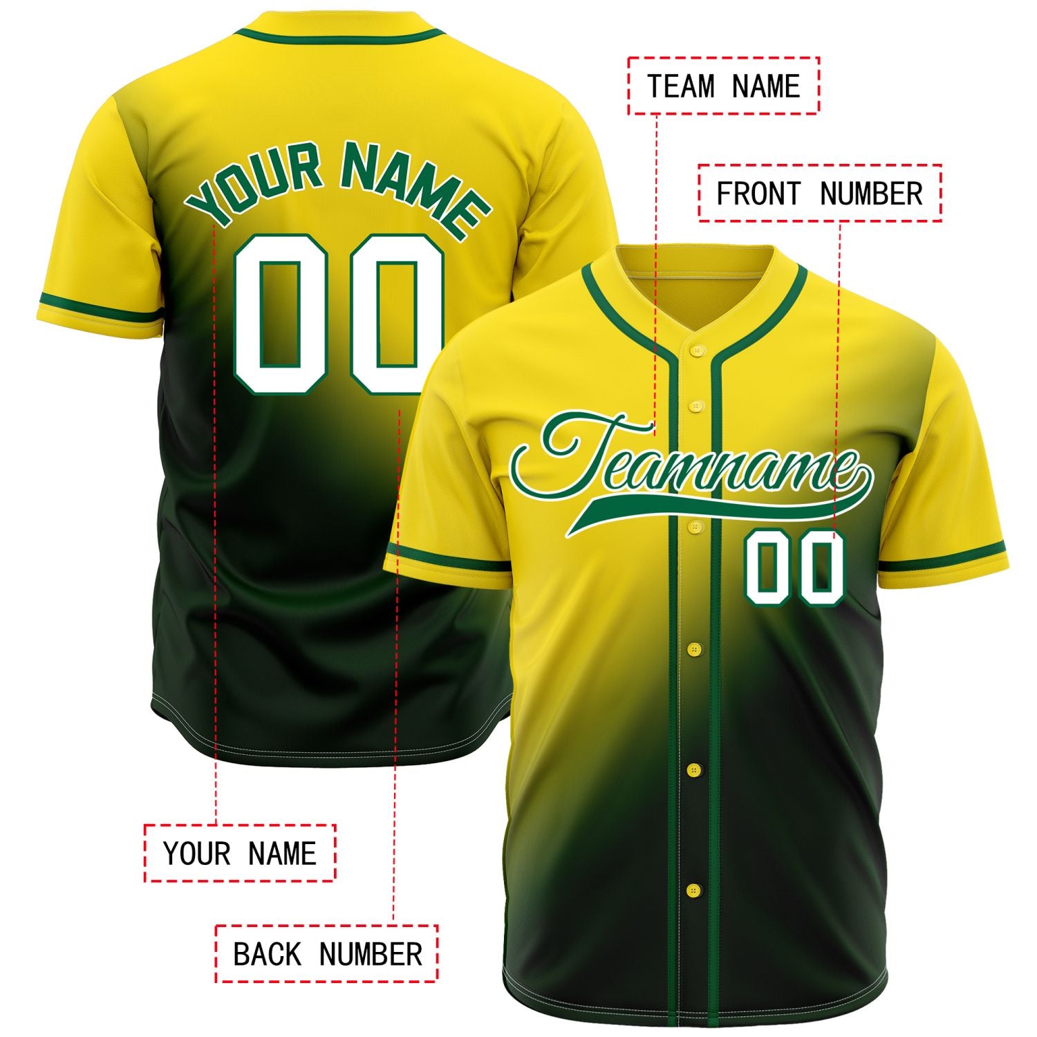 Custom Yellow and Forest Green Gradient Baseball Jersey - Personalized Team Uniforms
