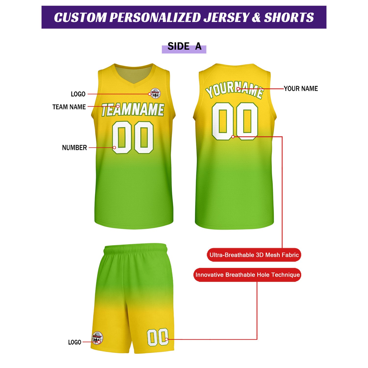 Custom Yellow-Green Gradient Basketball Uniform Set | Personalized Team Name & Number - Vosoli