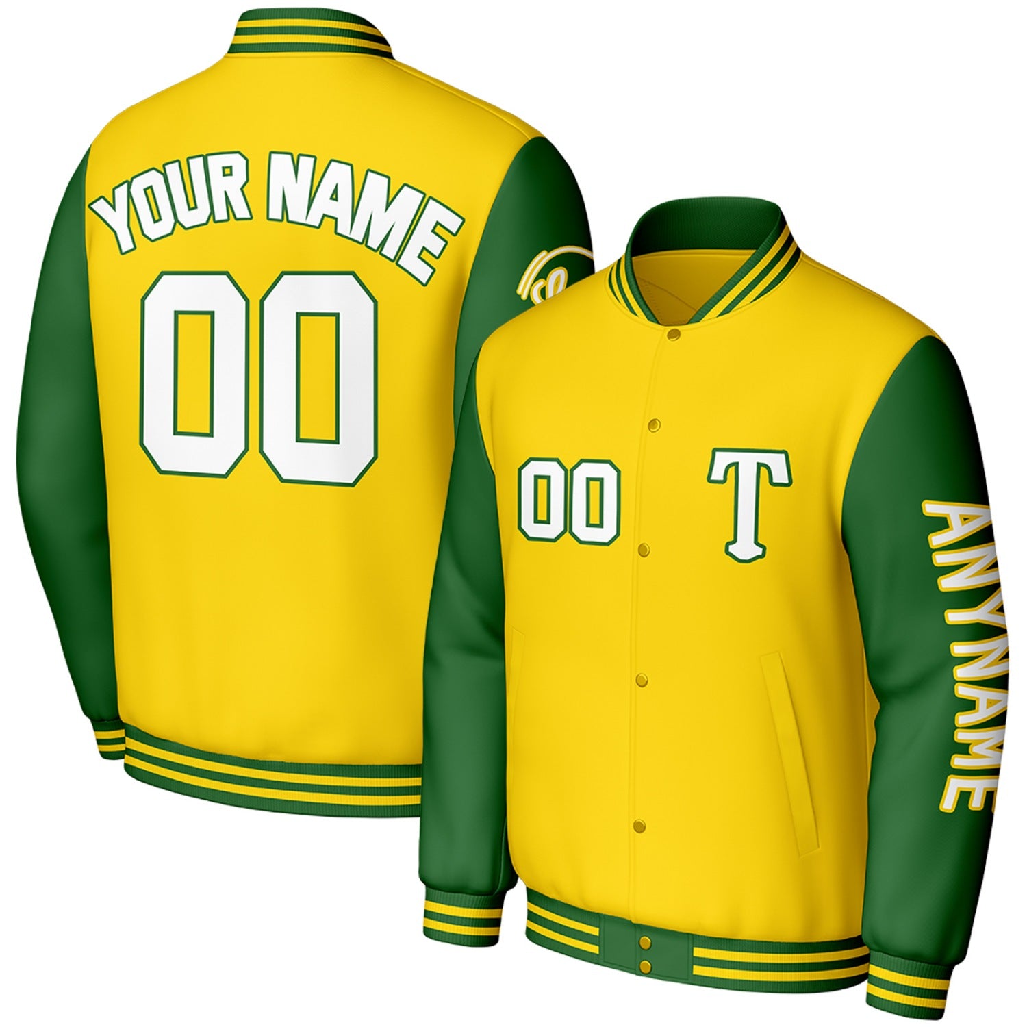 custom yellow green travel baseball jackets by Vosoli, personalized stitched name, number & logo, classic button up varsity letterman jacket for baseball travel team and casual wear
