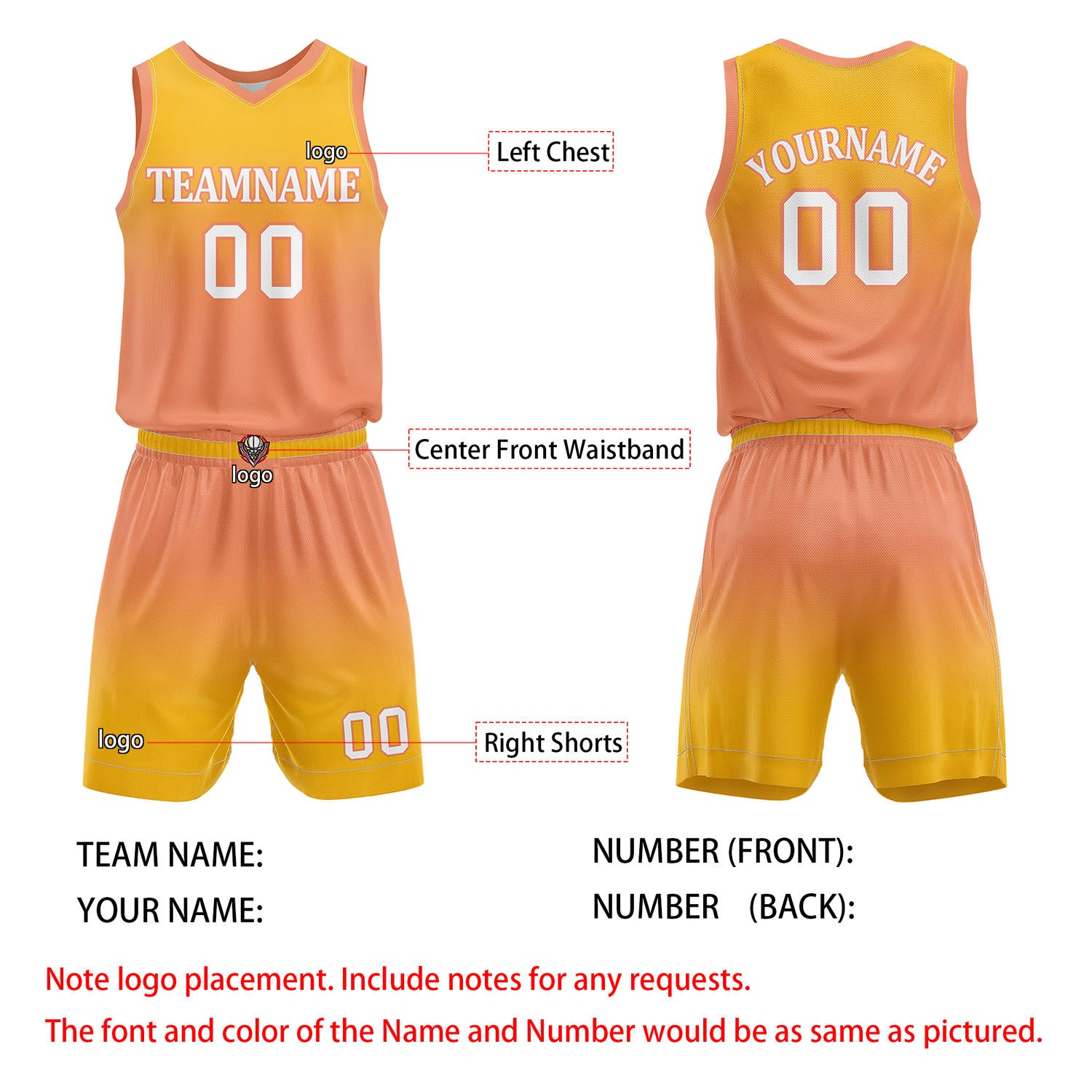 Custom Yellow & Peach Gradient Basketball Jersey + Shorts Set - Personalized Team Name, Number | Vosoli