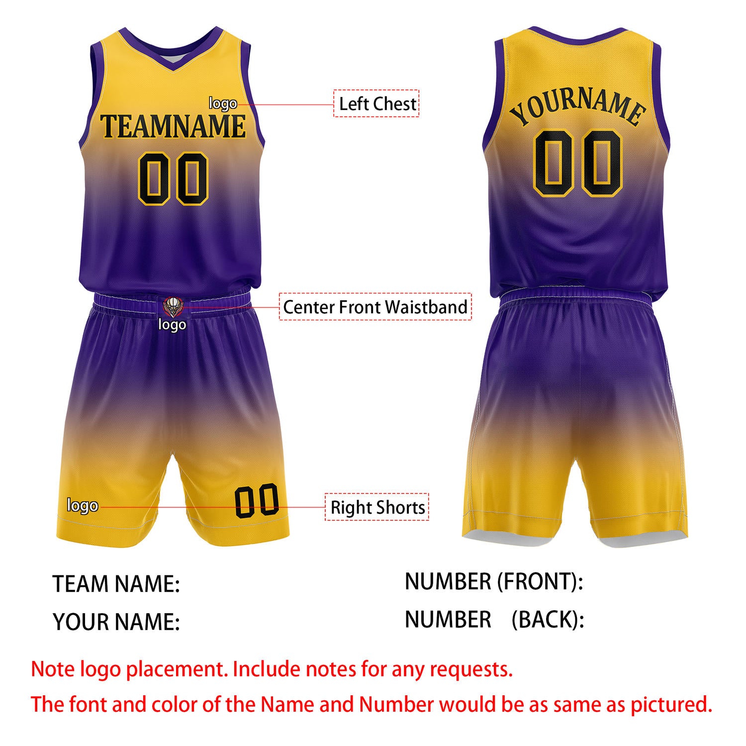 Custom Yellow & Purple Gradient Basketball Jersey + Shorts Set - Personalized Team Name, Number | Vosoli