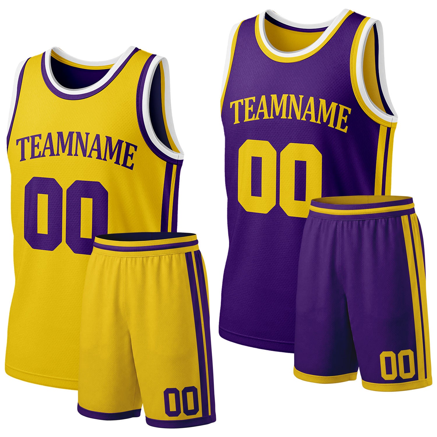 Custom yellow & purple reversible basketball jersey shorts set by Vosoli | Personalized team name & number full team uniform sportswear