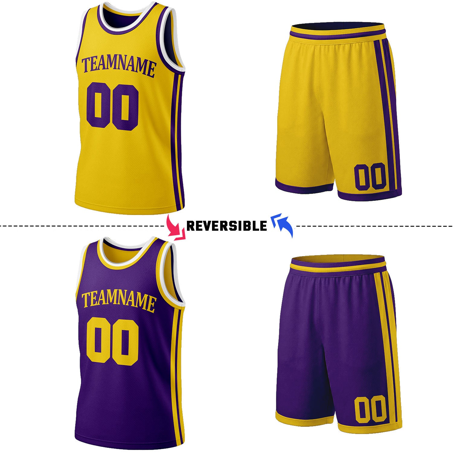 Custom Yellow & Purple Reversible Basketball Jersey Shorts Set | Personalized Full Team Uniform