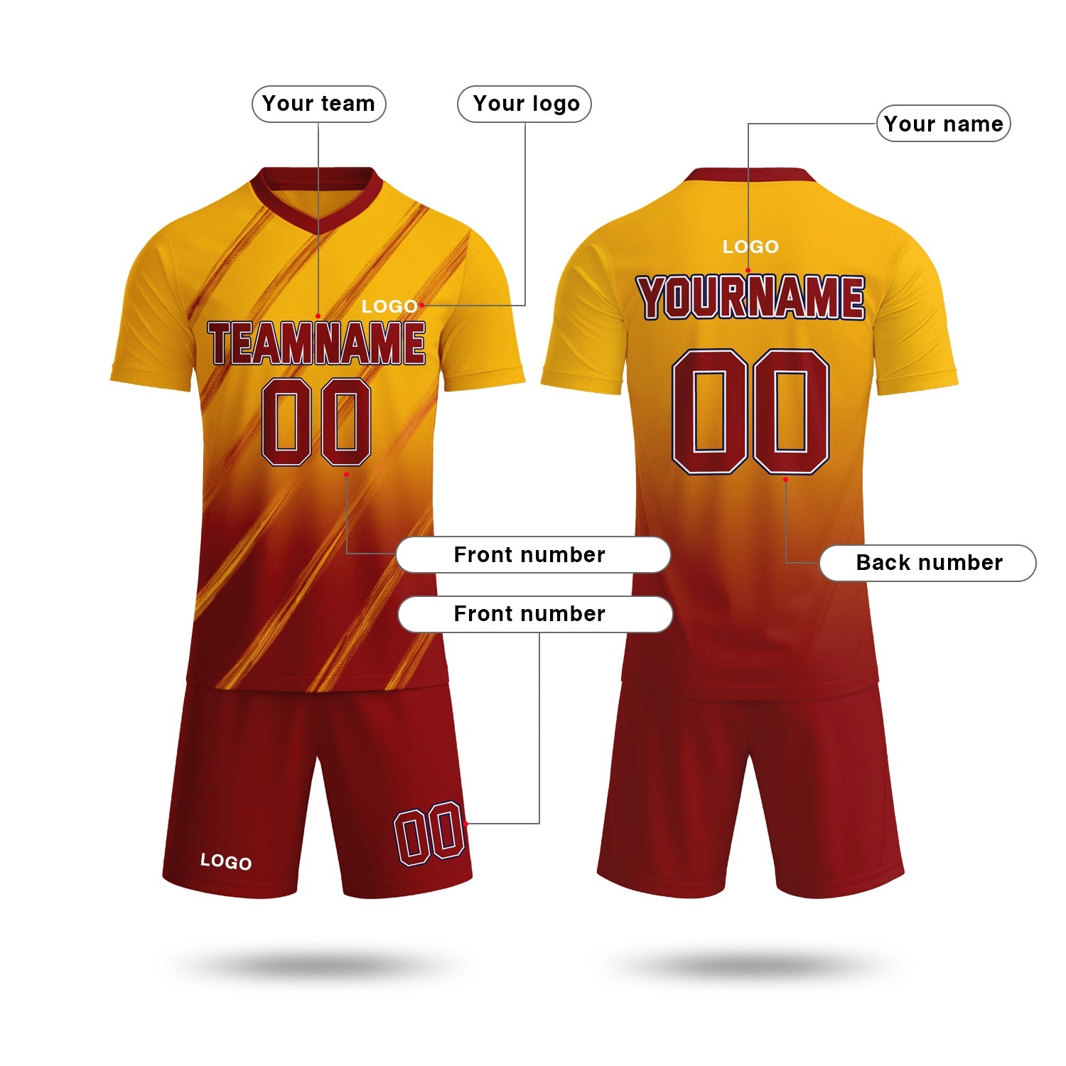 Custom Yellow & Red Gradient Soccer Jersey Set | Personalized Team Uniform | Vosoli