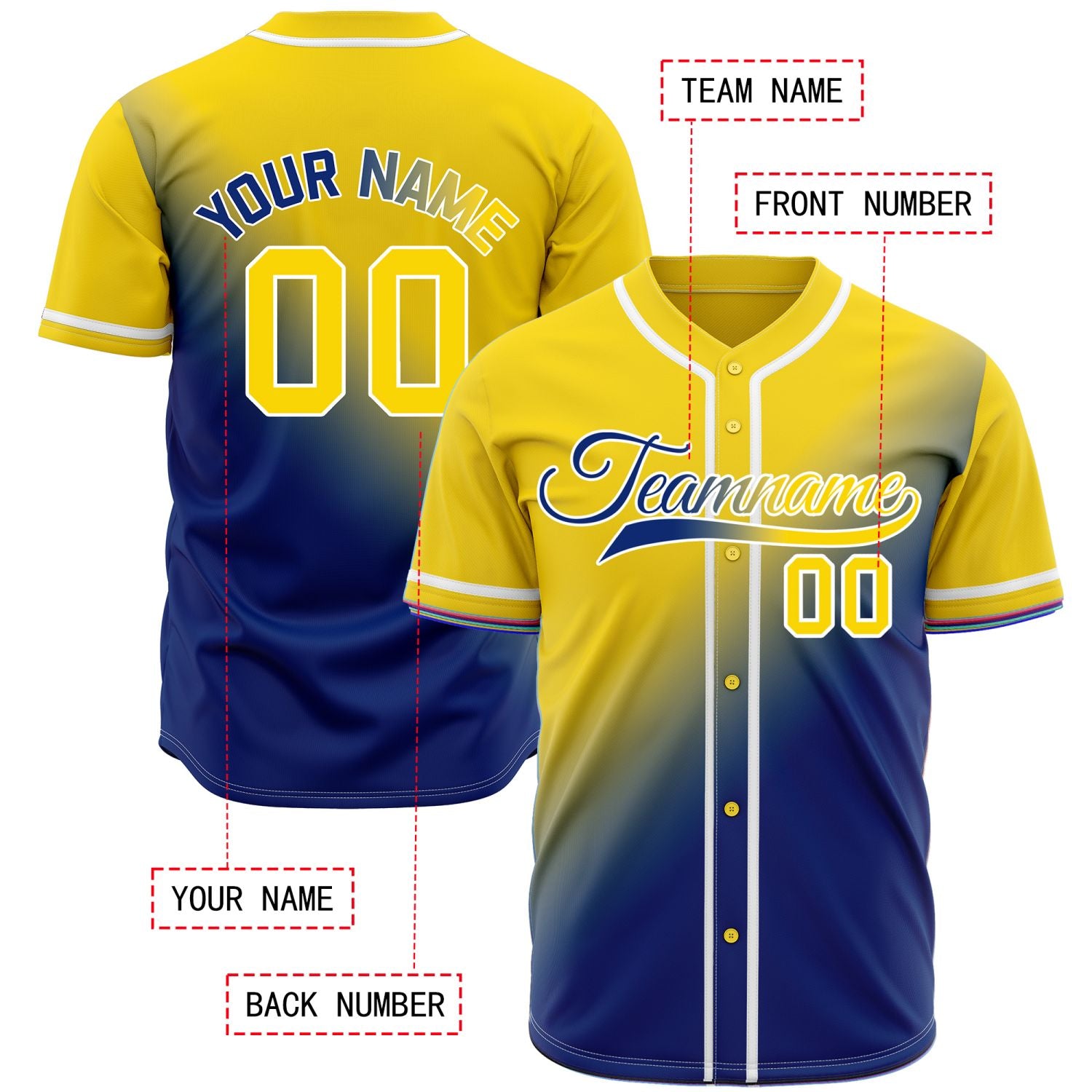 Custom Yellow and Royal Blue Gradient Baseball Jersey - Personalized Team Uniforms