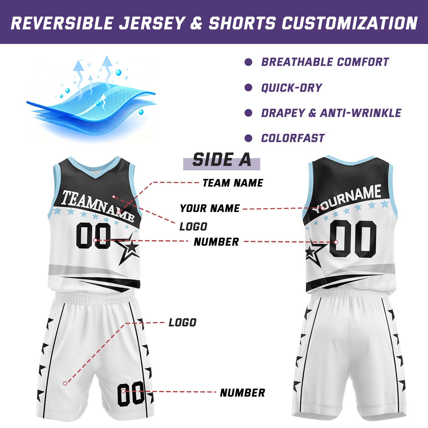 Custom Basketball Jerseys and Shorts Set | Black White Star V-Neck Sublimated Team Uniform