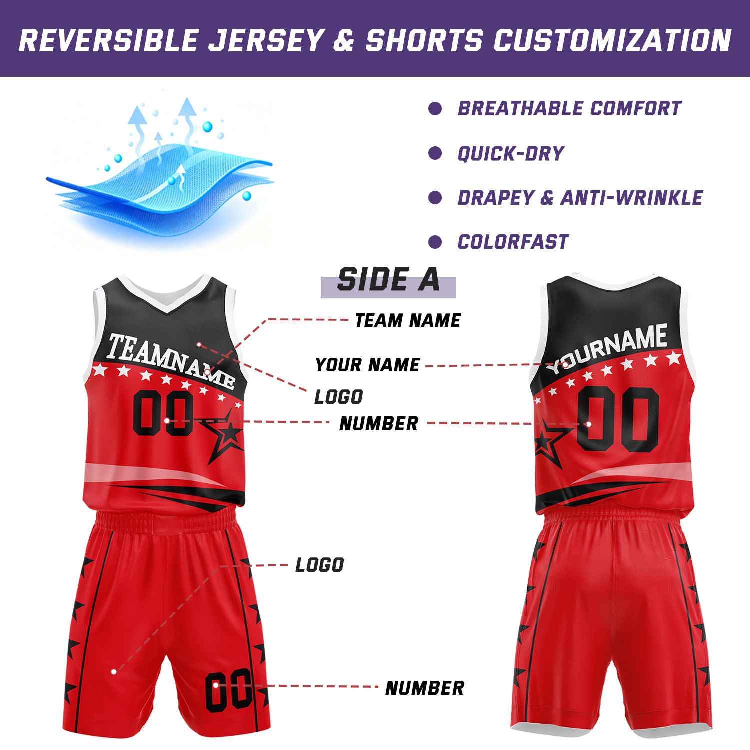 Custom Basketball Jerseys and Shorts Set | Red Black Star V-Neck Sublimated Team Uniform