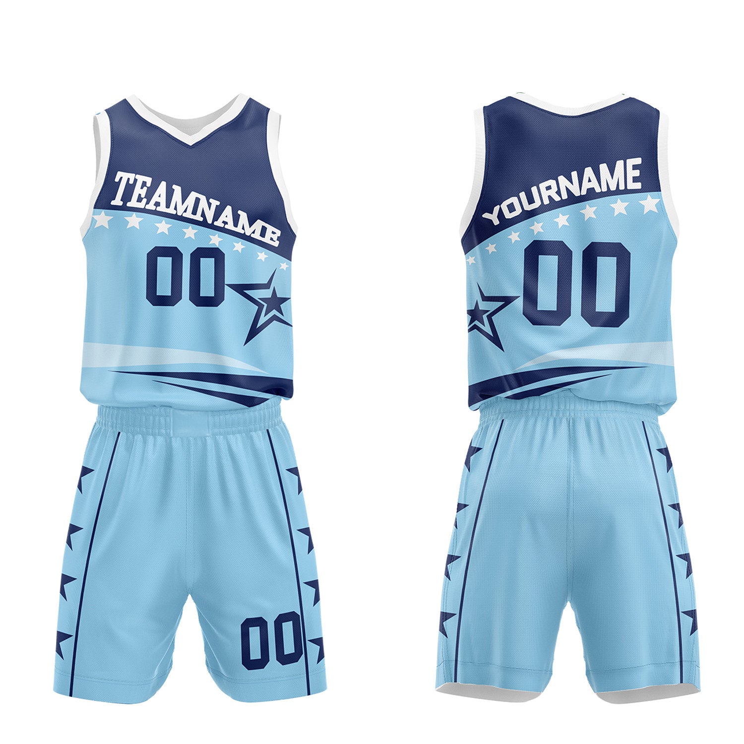 Custom youth basketball uniforms set, light blue navy star sublimated jersey and shorts with personalized team name, player number and logo, breathable quick dry mesh for kids games.