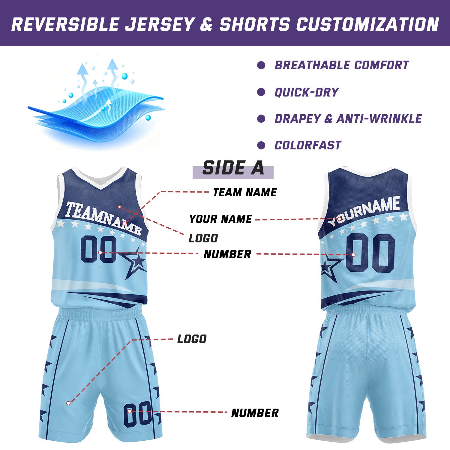 Custom Basketball Jerseys and Shorts Set | Light Blue Navy Star V-Neck Sublimated Team Uniform