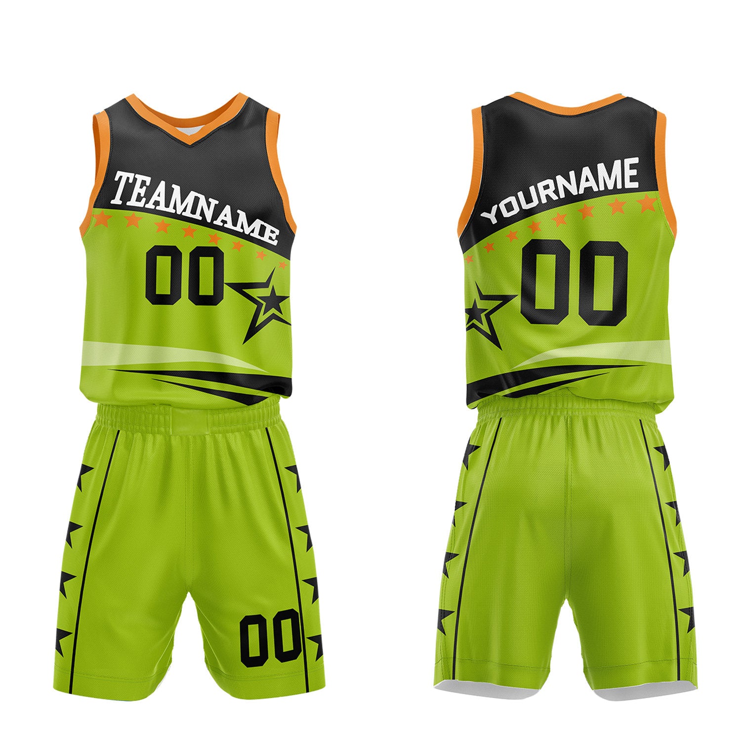 Custom youth basketball uniforms set, neon green black star sublimated jersey and shorts with personalized team name, player number and logo, breathable quick dry mesh for kids games.
