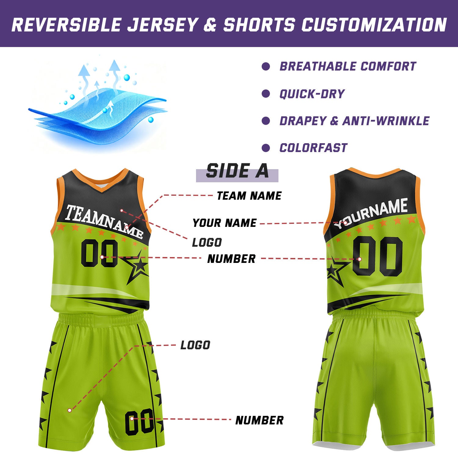 Custom Basketball Jerseys and Shorts Set | Neon Green Black Star V-Neck Sublimated Team Uniform