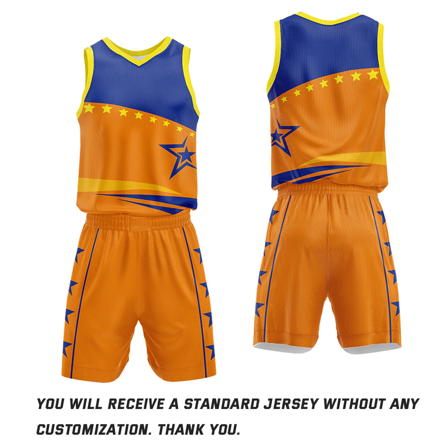 Custom Basketball Jerseys and Shorts Set | Orange Blue Star V-Neck Sublimated Team Uniform