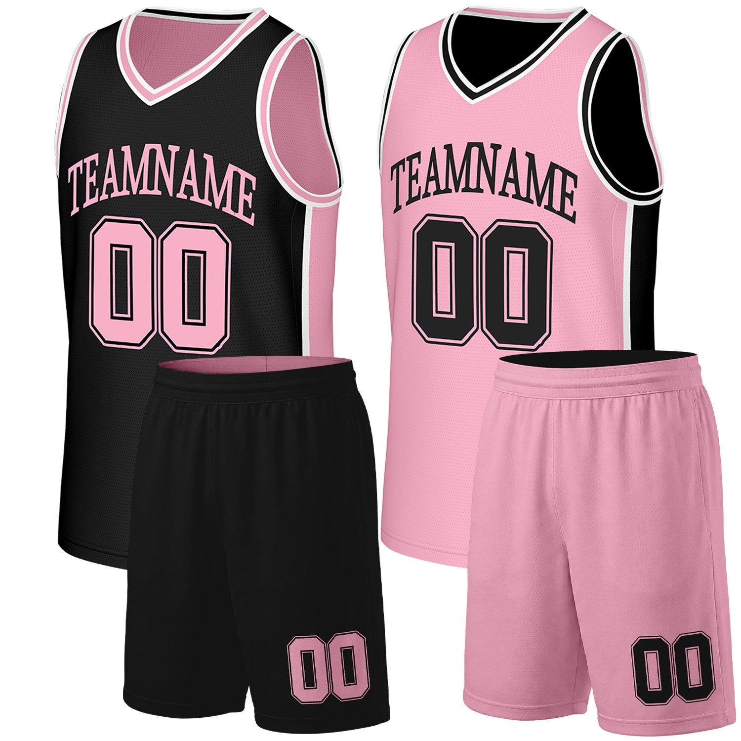 Custom youth basketball uniforms black pink reversible by Vosoli. Personalized team name, number & logo. Breathable mesh. Fast delivery.