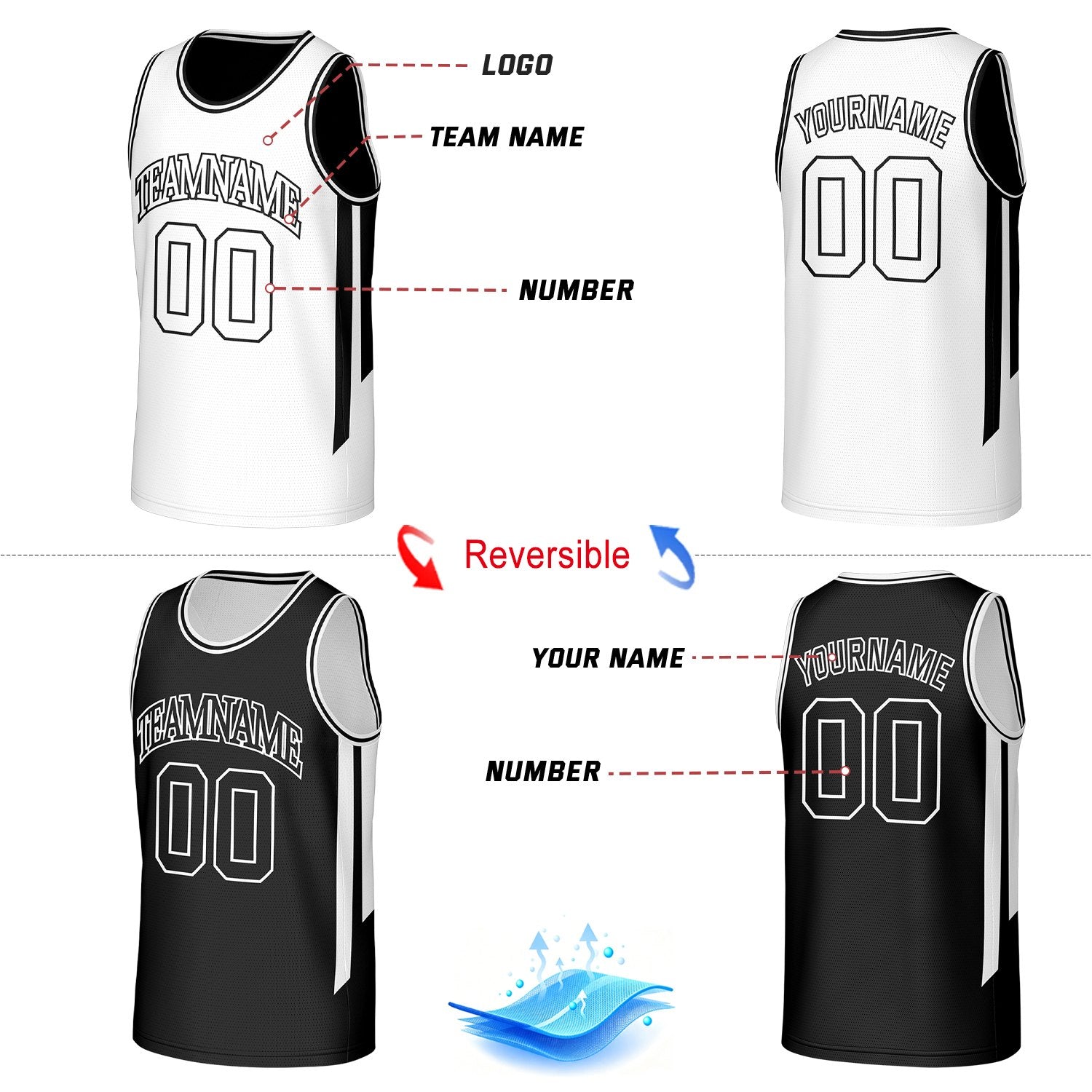 Custom Classic Reversible Basketball Jersey White & Black Mesh Team Uniform for Adult Youth