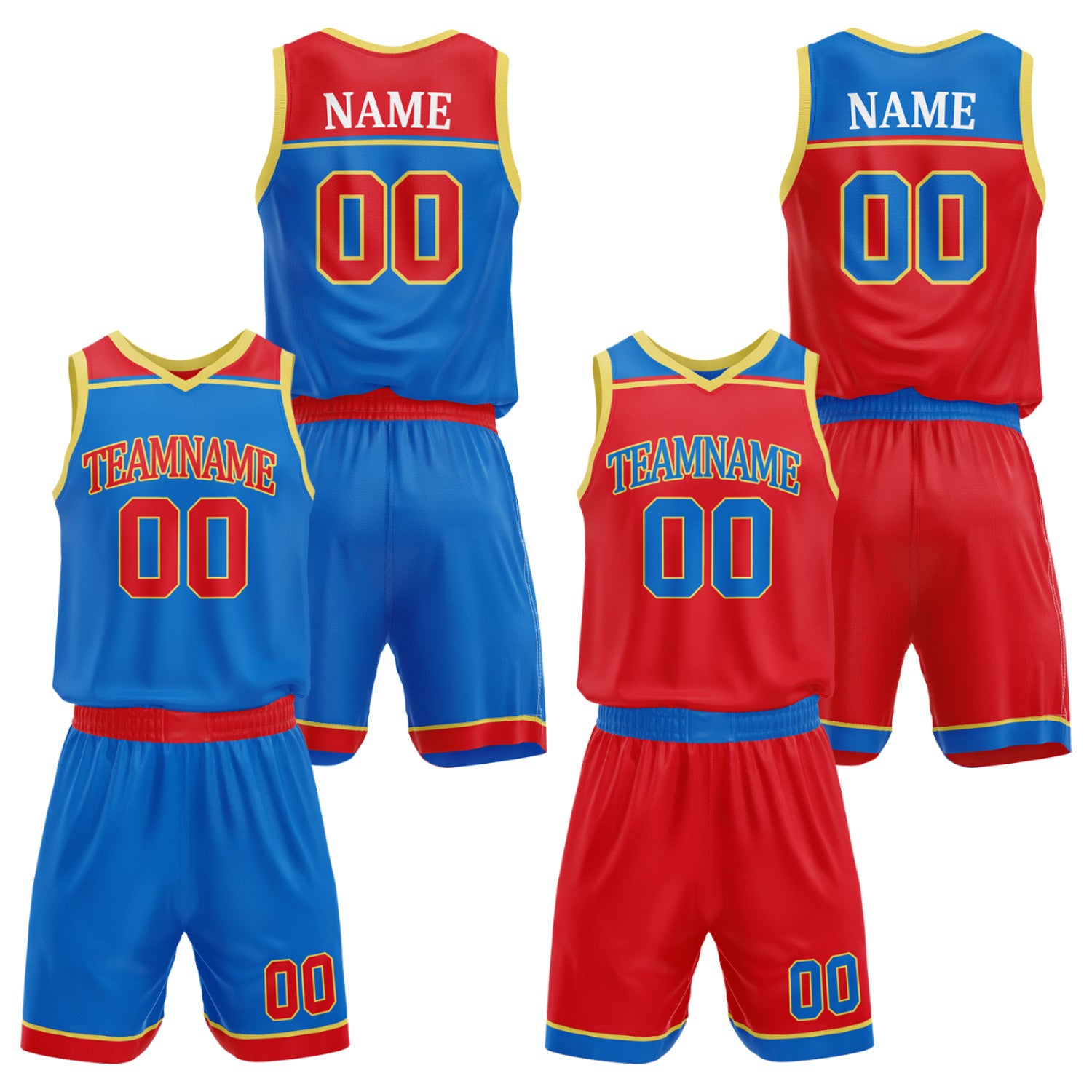 Custom youth travel basketball uniforms royal blue red by Vosoli. Personalized team name, player name, number & logo. Breathable mesh. Fast delivery.