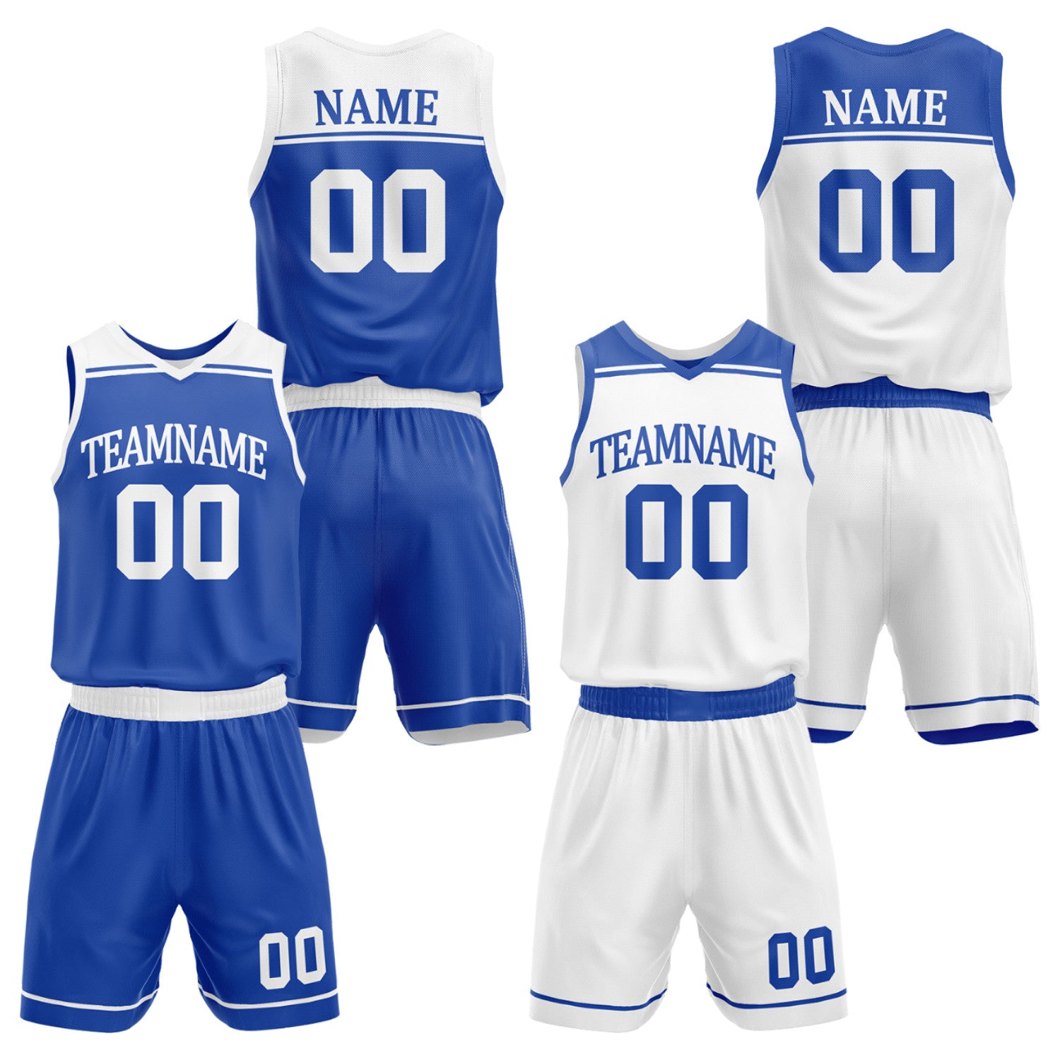 Custom youth travel basketball uniforms royal blue white by Vosoli. Personalized team name, player name, number & logo. Breathable mesh. Fast delivery.