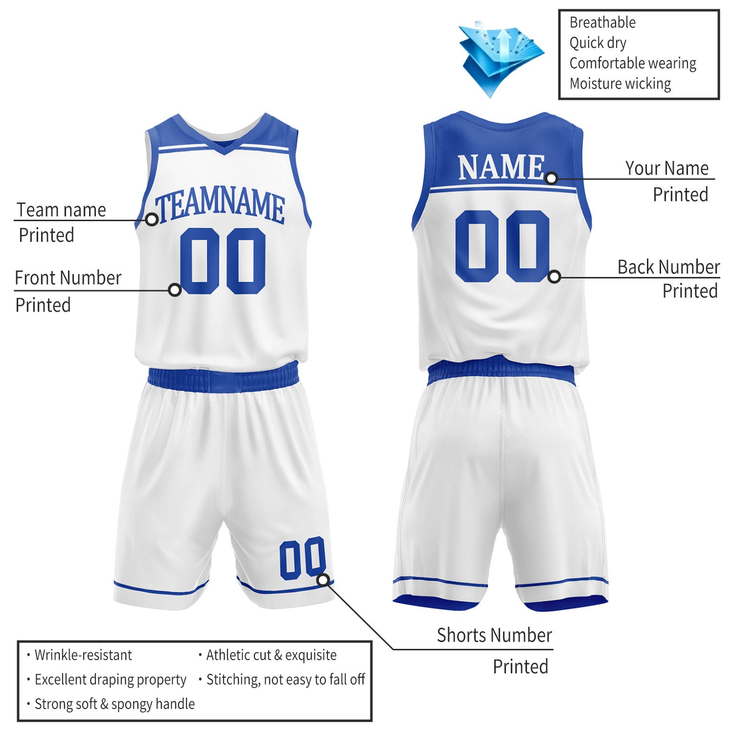 Custom Royal Blue & White Double Sided Basketball Jersey Set | Wholesale Team Uniform