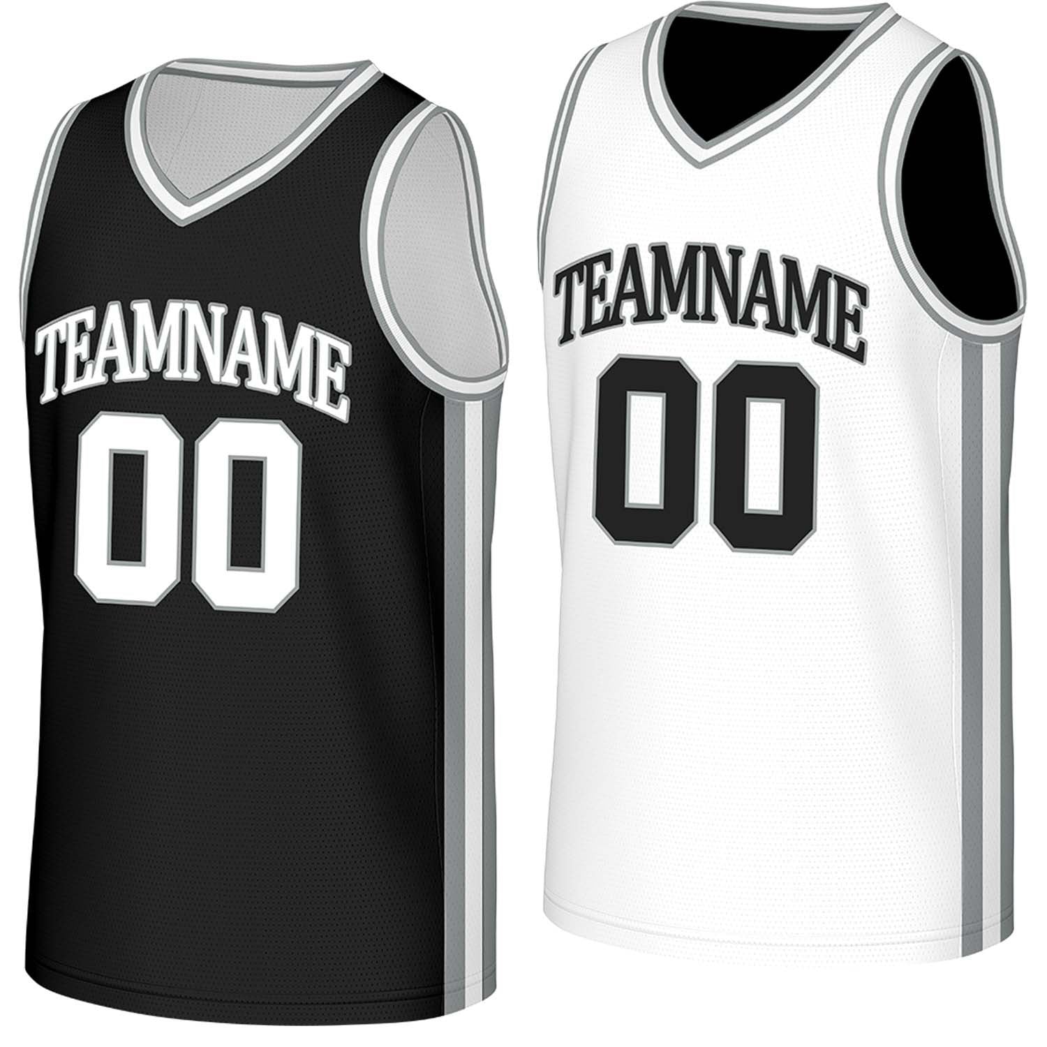 Custom black & white reversible basketball jersey by Vosoli | Personalized team name, number & logo | Breathable mesh reversible sport jersey