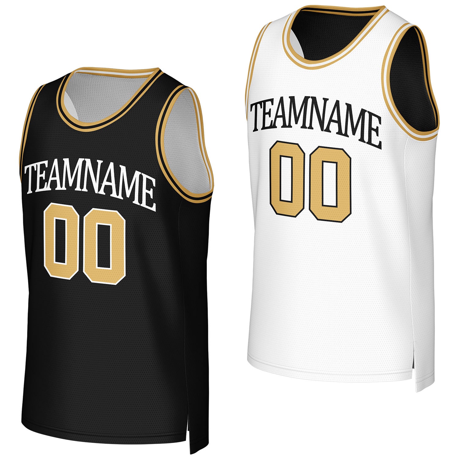 Custom black & gold reversible basketball jersey by Vosoli. Personalized with team name, number, and logo. Breathable mesh jersey for high school, college, AAU teams.