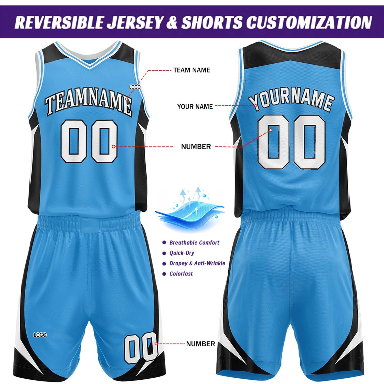 Custom Black & Light Blue Reversible Basketball Jersey Short Set | Personalized Team Uniforms Set for Adult Youth