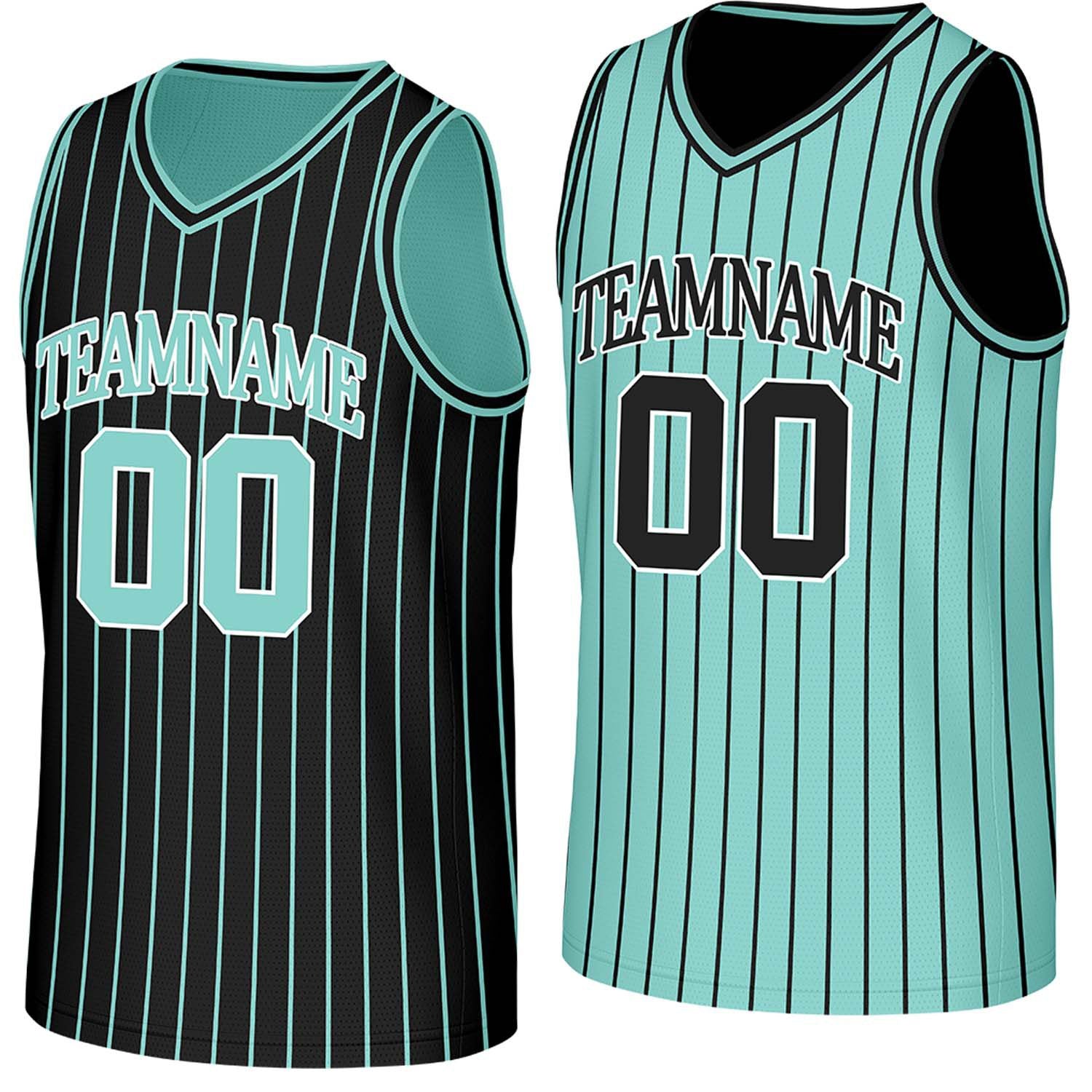 Custom black & mint pinstripe reversible basketball jersey by Vosoli | Personalized team name, number & logo | Breathable mesh reversible sport jersey