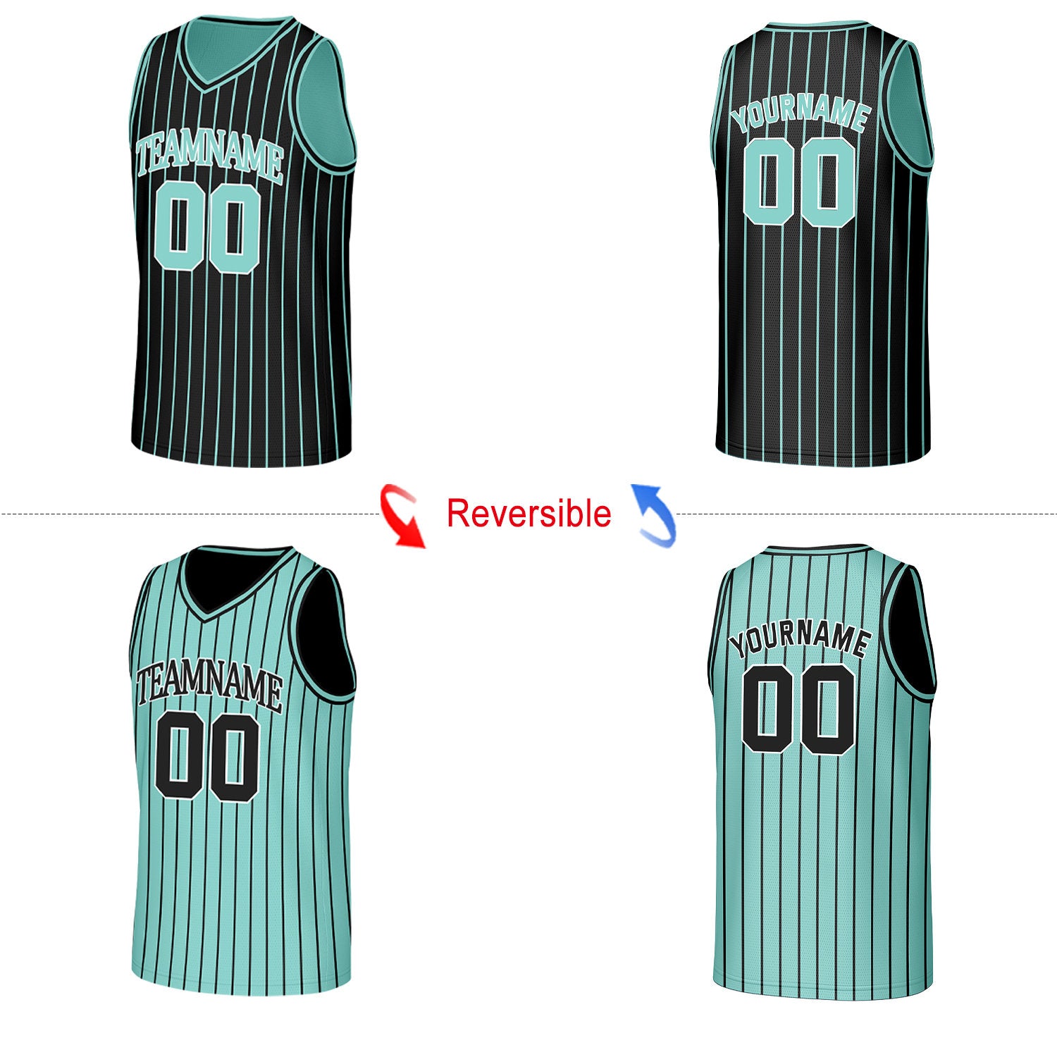 Custom Black & Mint Pinstripe Reversible Basketball Jersey | Personalized Name Number Mesh Sports Jersey