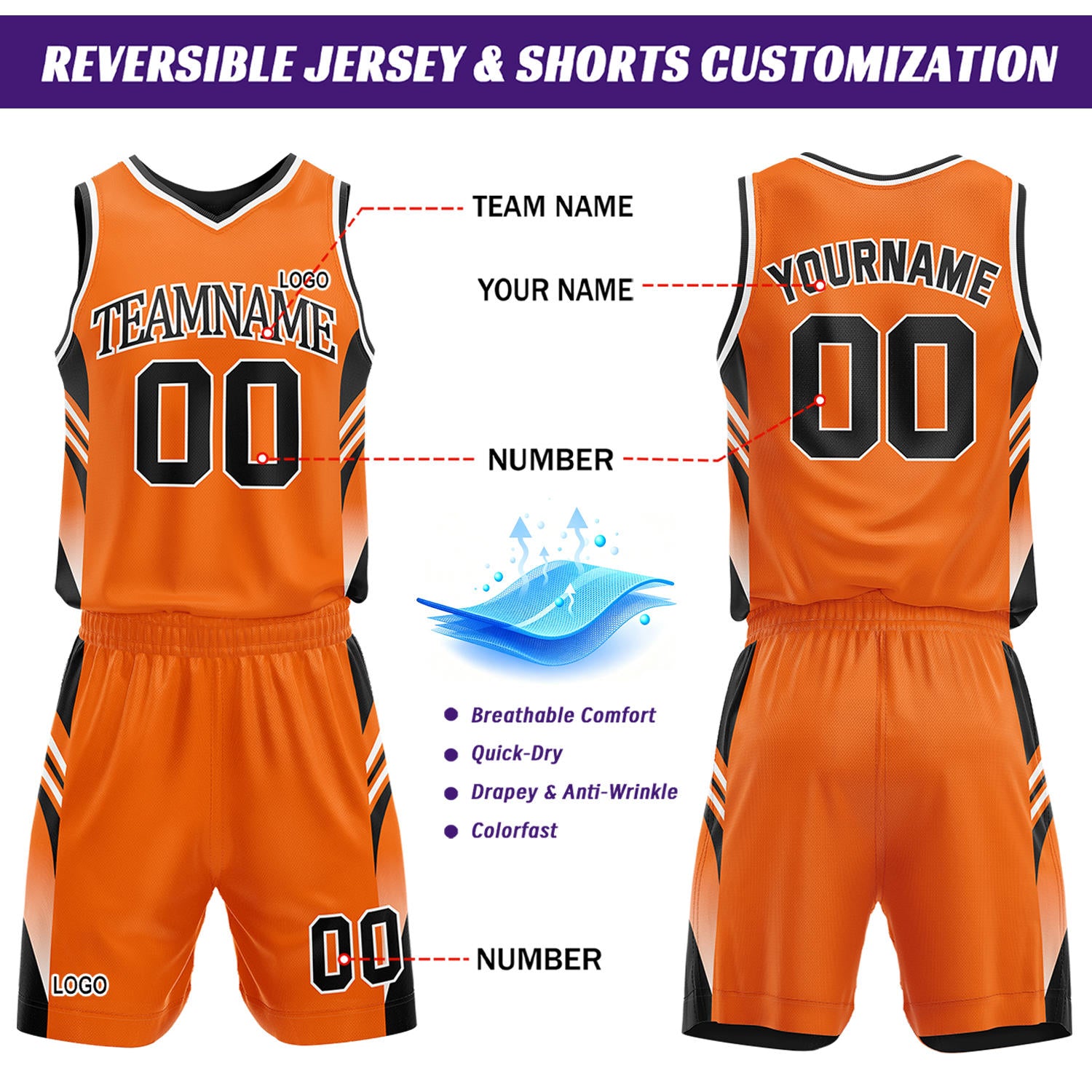 Custom Black & Orange Reversible Basketball Uniform Set | Personalized Team Jersey Kit