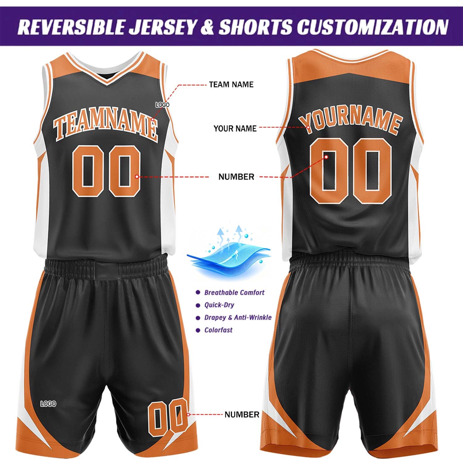 Custom Black & Orange Reversible Basketball Jersey Short Set | Personalized Team Uniforms Set for Adult Youth