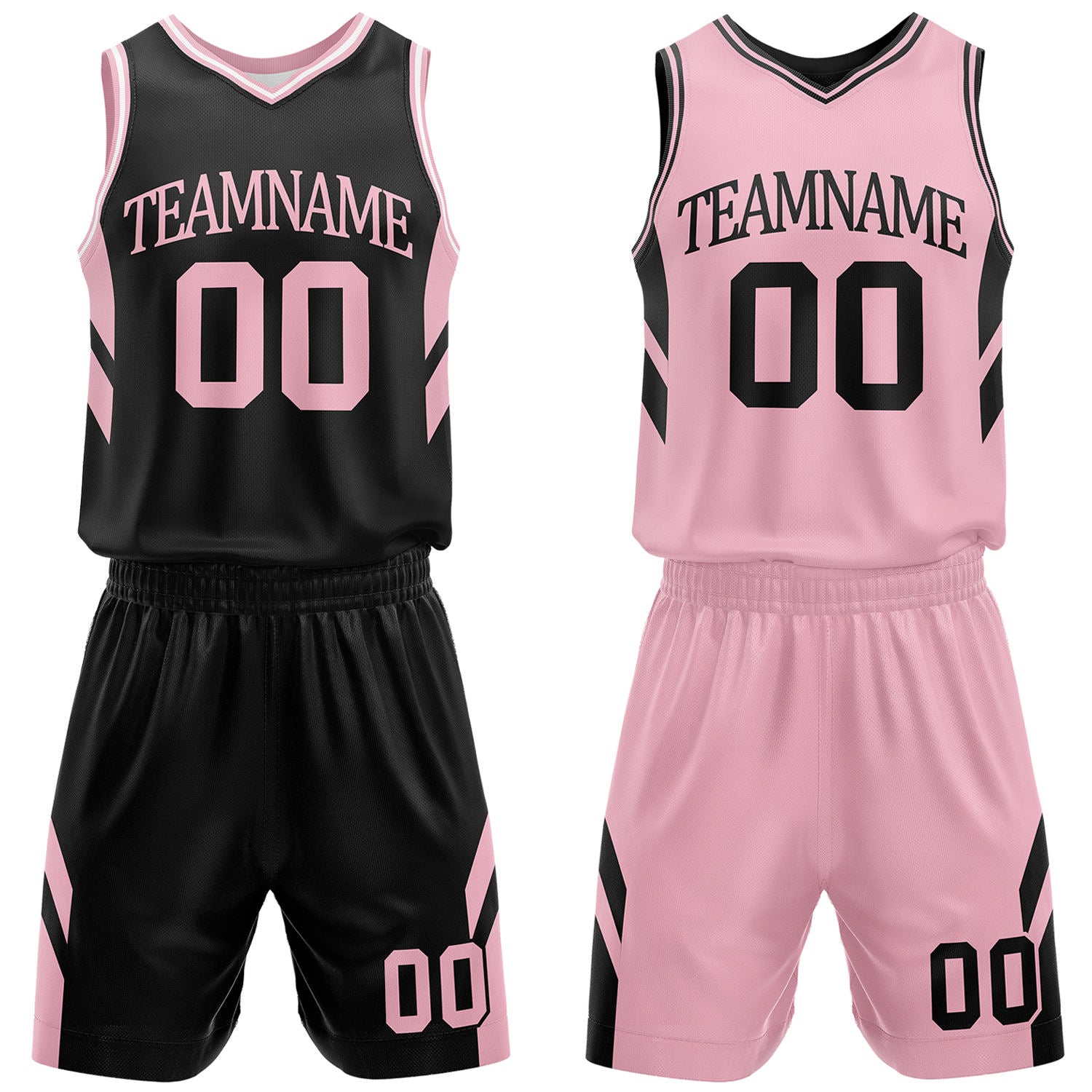 Custom black and pink reversible basketball uniform by Vosoli. Personalized with team name, number, and logo. Breathable mesh jersey and shorts for high school, college, and AAU teams.