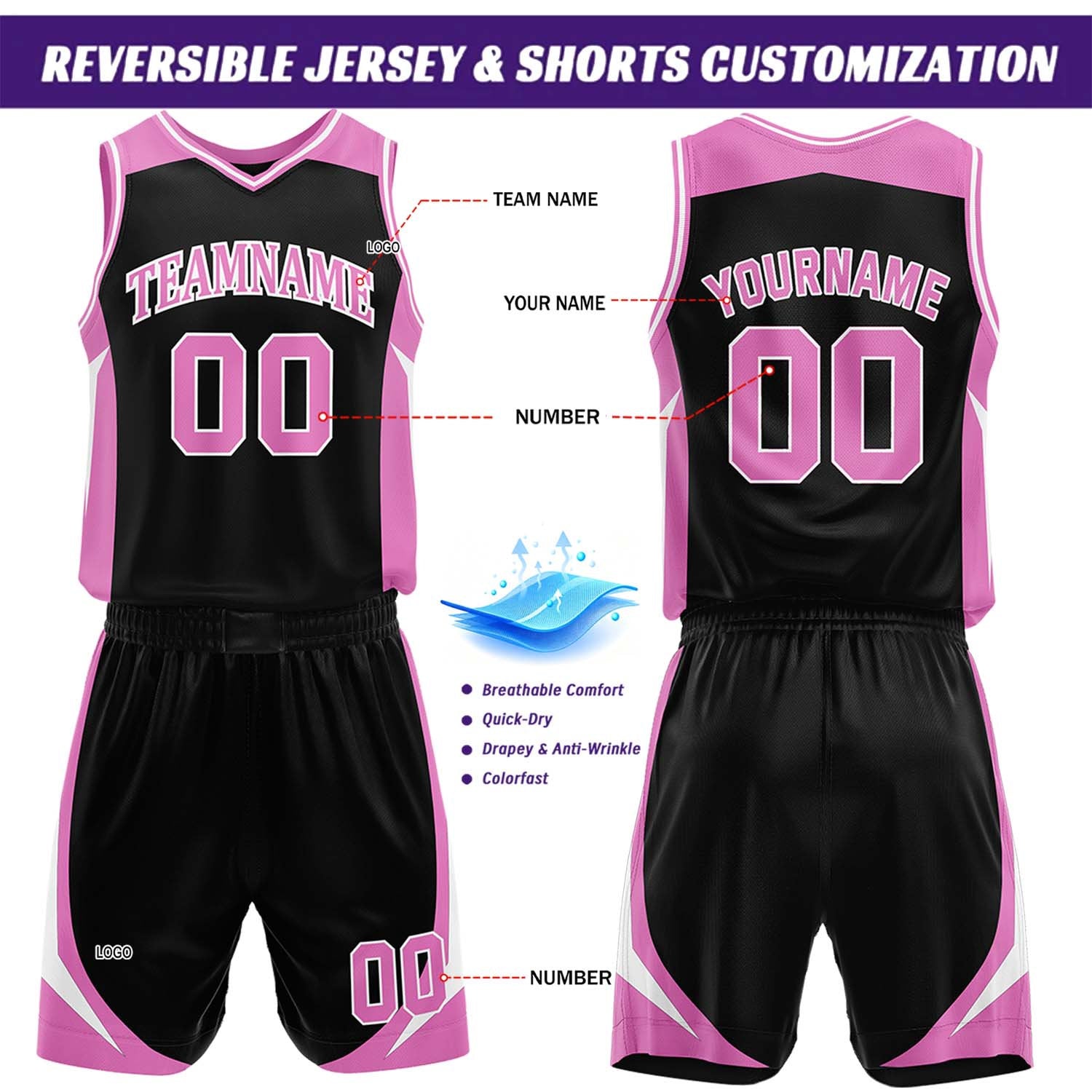 Custom Black & Pink Reversible Basketball Jersey Short Set | Personalized Team Uniforms Set for Adult Youth