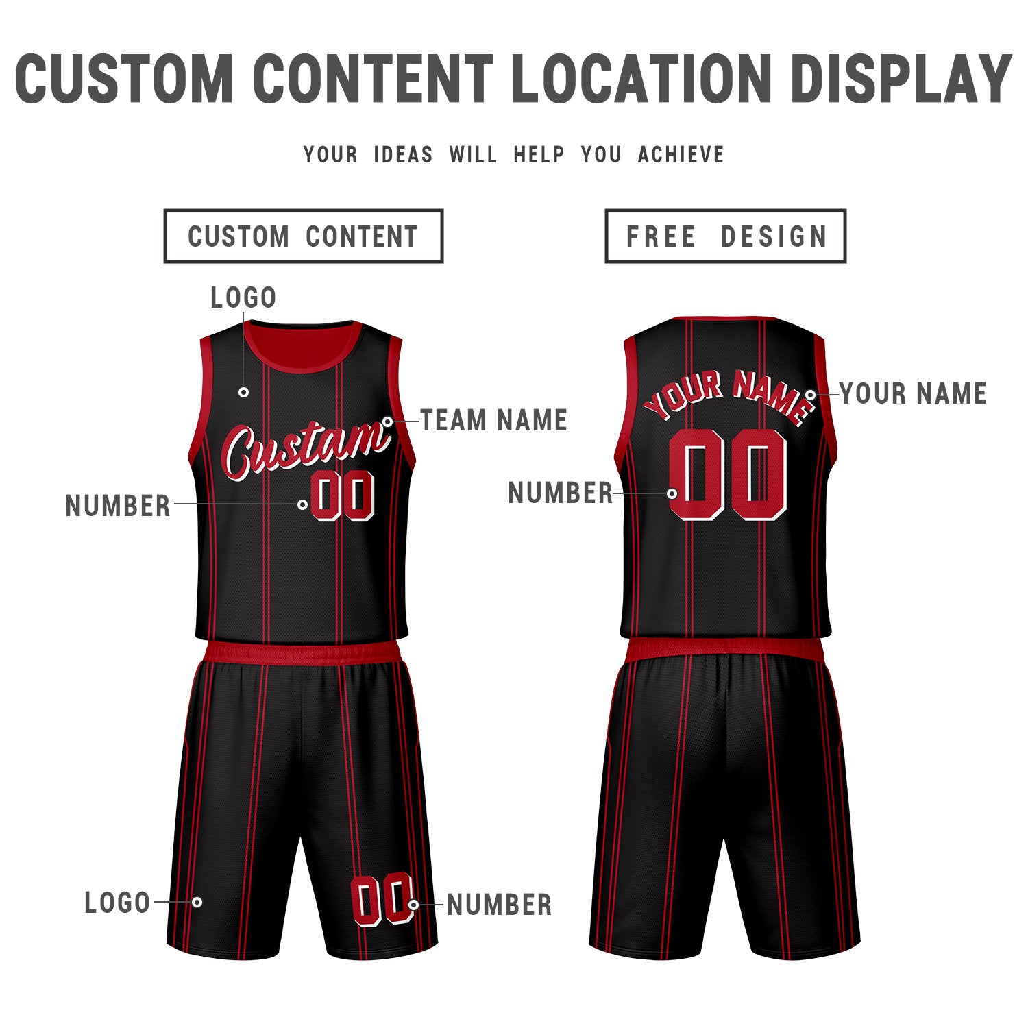Custom Black Red Reversible Basketball Jersey Set | Personalized Name Number Mesh Sports Uniform