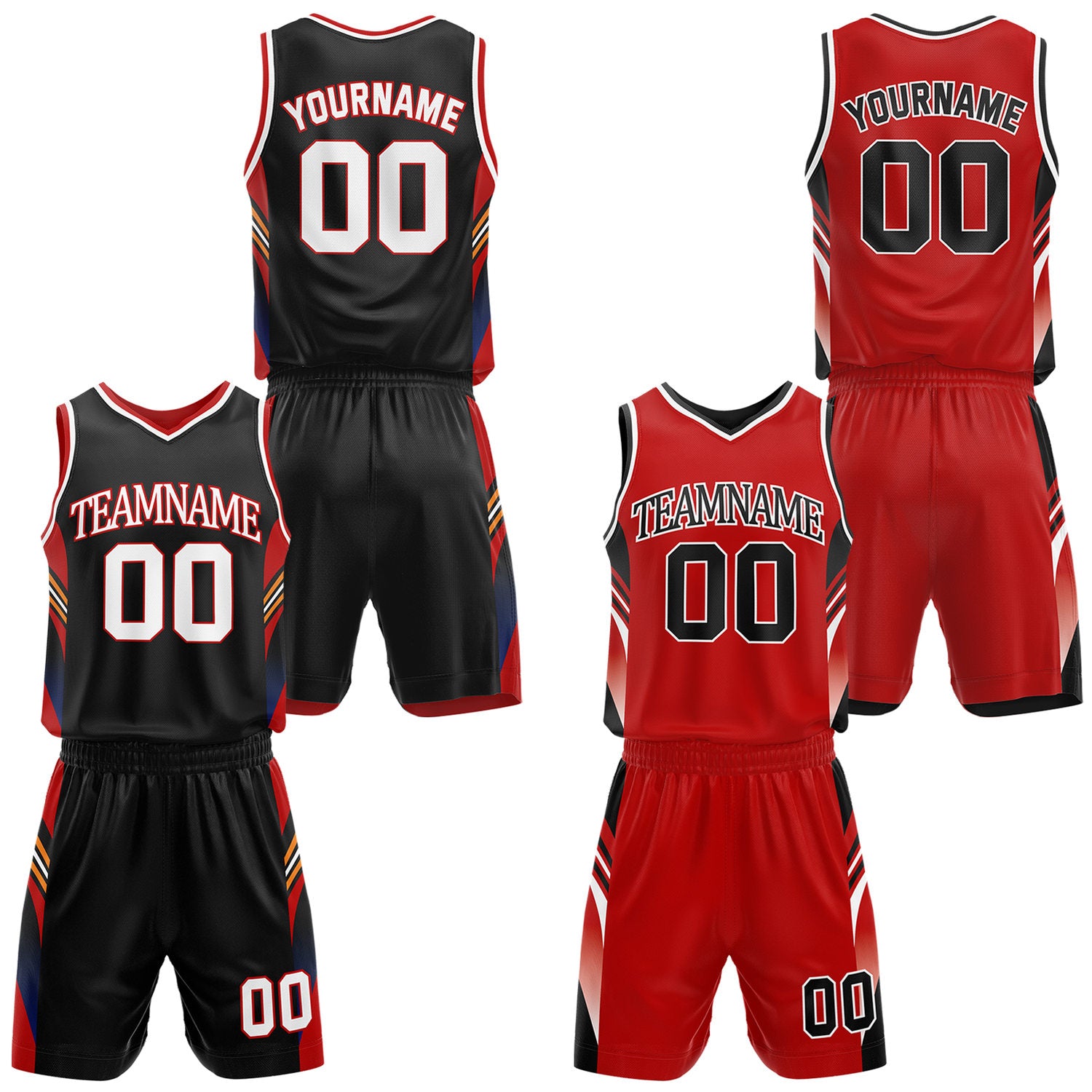 Custom black and red reversible basketball uniform by Vosoli. Personalized with team name, number, and logo. Breathable mesh jersey and shorts for high school, college, AAU teams.