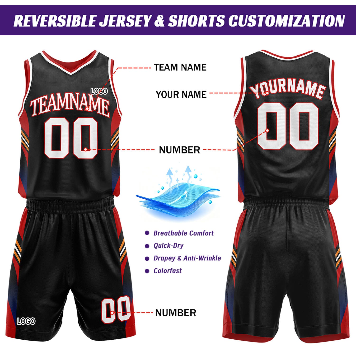 Custom Black & Red Reversible Basketball Uniform Set | Personalized Team Jersey Kit