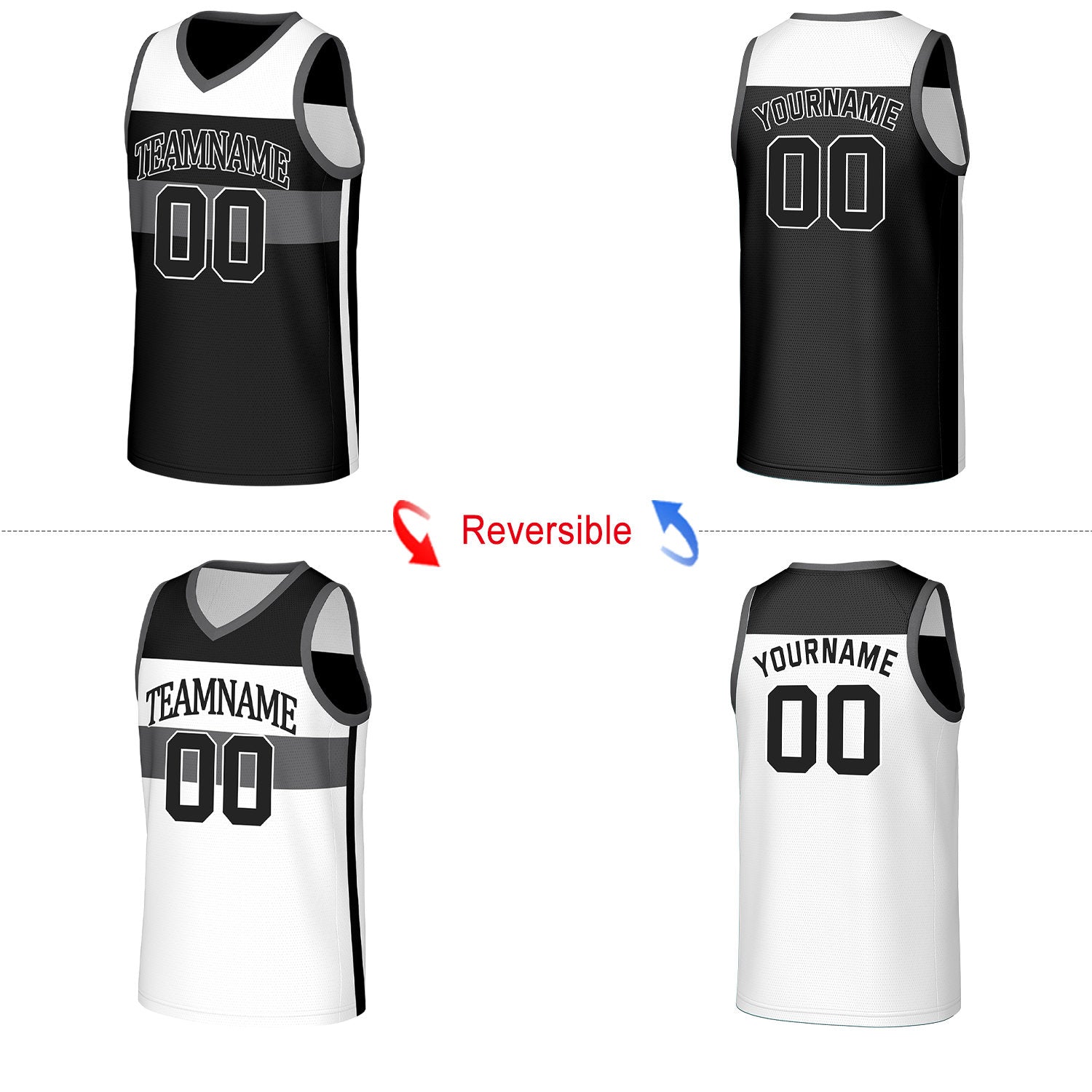 Custom Black & White Color‑Block Reversible Basketball Jersey | Personalized Name Number Mesh Sports Jersey