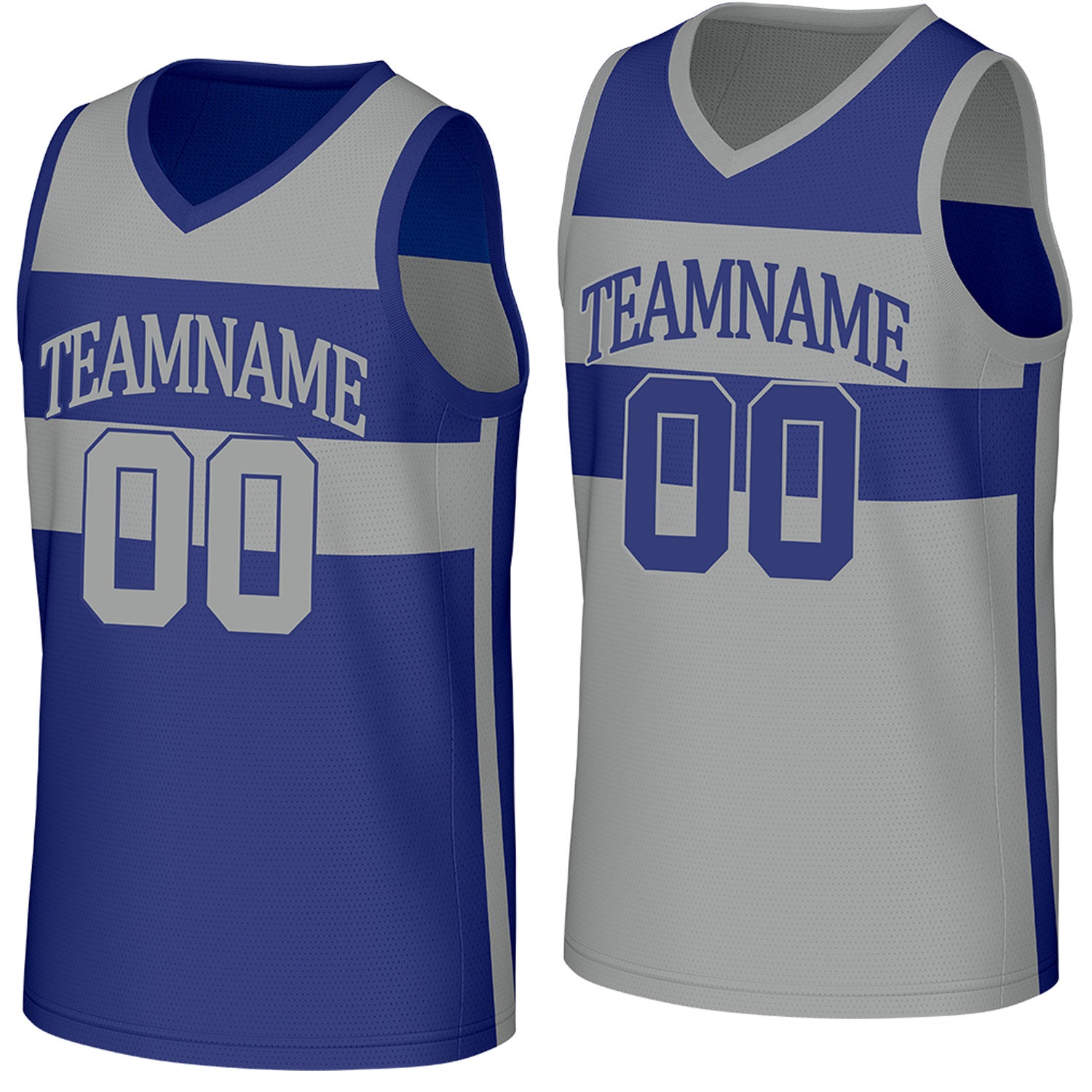 Custom blue & grey color‑block reversible basketball jersey by Vosoli | Personalized team name, number & logo | Breathable mesh reversible sport jersey
