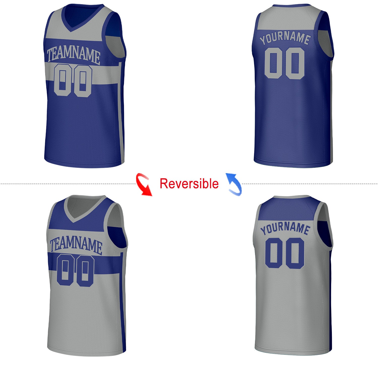 Custom Blue Grey Color‑Block Reversible Basketball Jersey | Personalized Name Number Mesh Sports Jersey