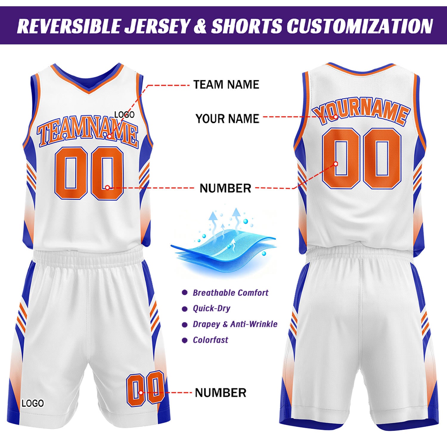 Custom Blue & Orange Reversible Basketball Uniform Set | Personalized Team Jersey Kit