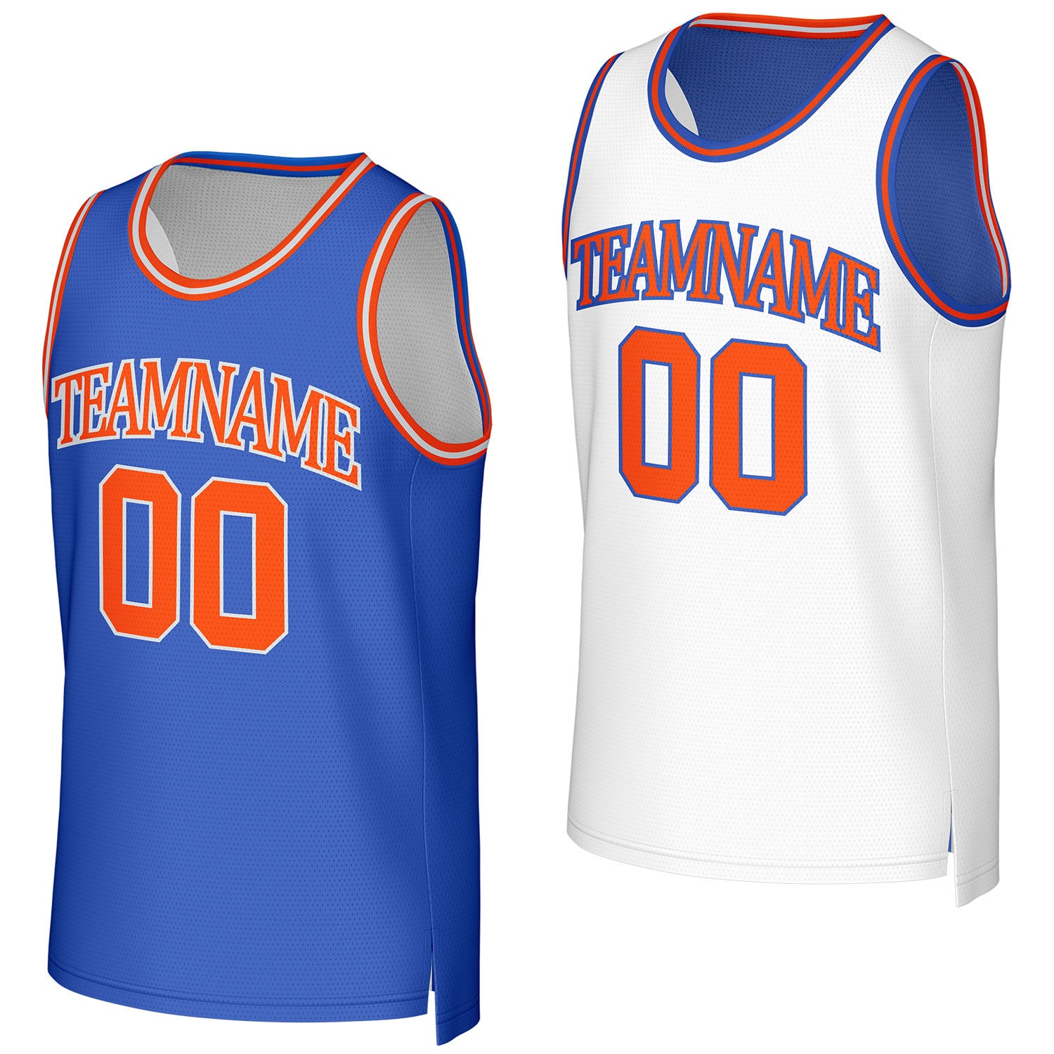 Custom blue & white reversible basketball jersey by Vosoli. Personalized with team name, number, and logo. Breathable mesh jersey for high school, college, AAU teams.