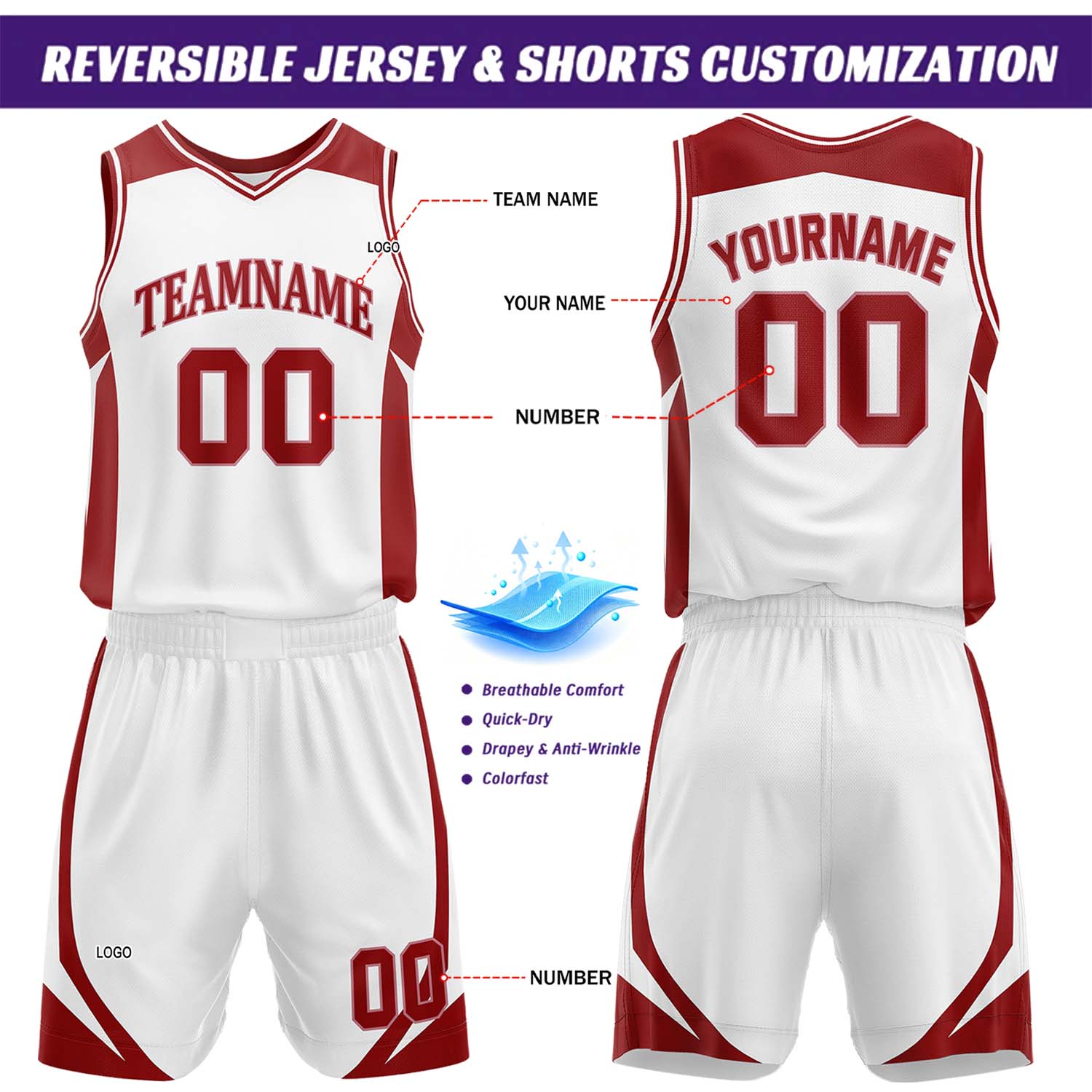 Custom Burgundy & White Reversible Basketball Jersey Short Set | Personalized Team Uniforms Set for Adult Youth