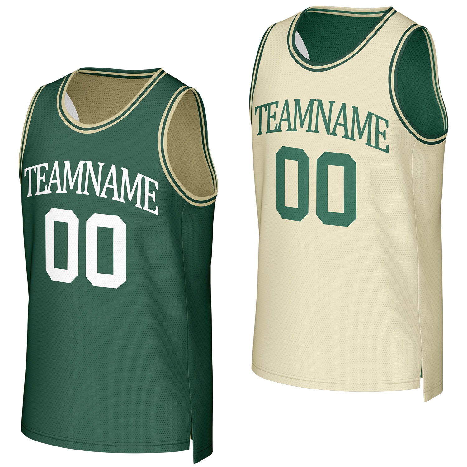 Custom dark green & cream reversible basketball jersey by Vosoli. Personalized with team name, number, and logo. Breathable mesh jersey for high school, college, AAU teams.