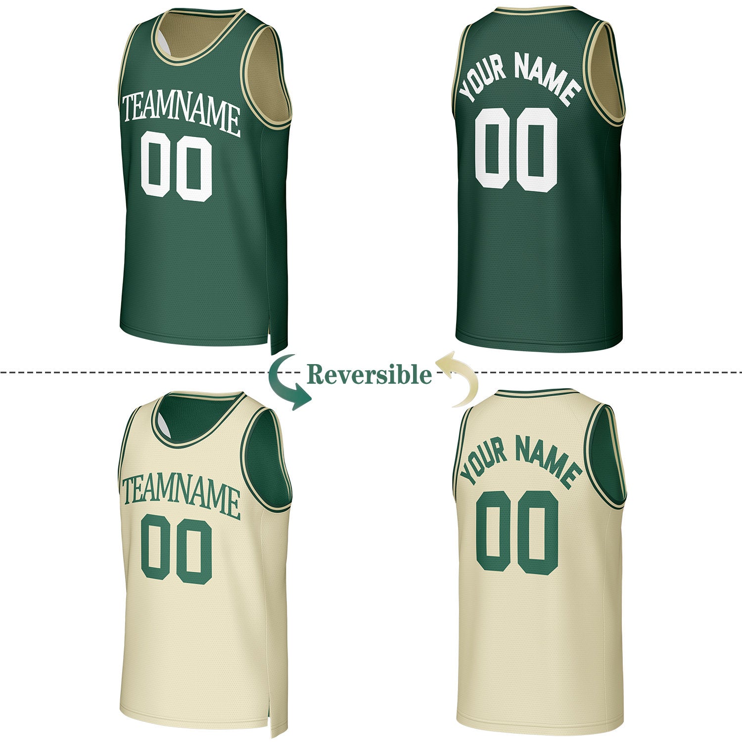 Custom Dark Green & Cream Reversible Basketball Jersey | Personalized Team Uniform Top