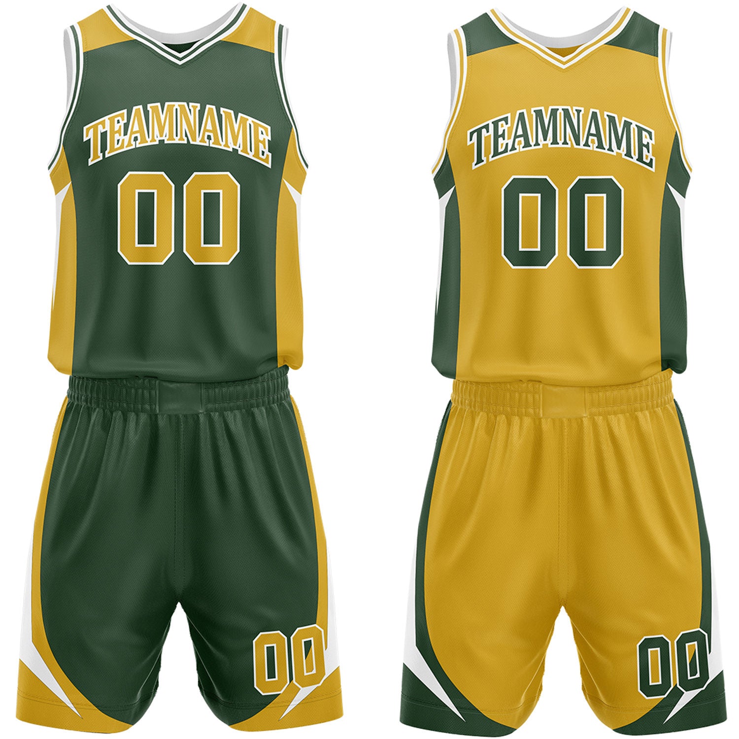 Custom dark green and gold reversible basketball uniform by Vosoli. Personalized with team name, number, and logo. Breathable mesh jersey and shorts for high school, college, and AAU teams.