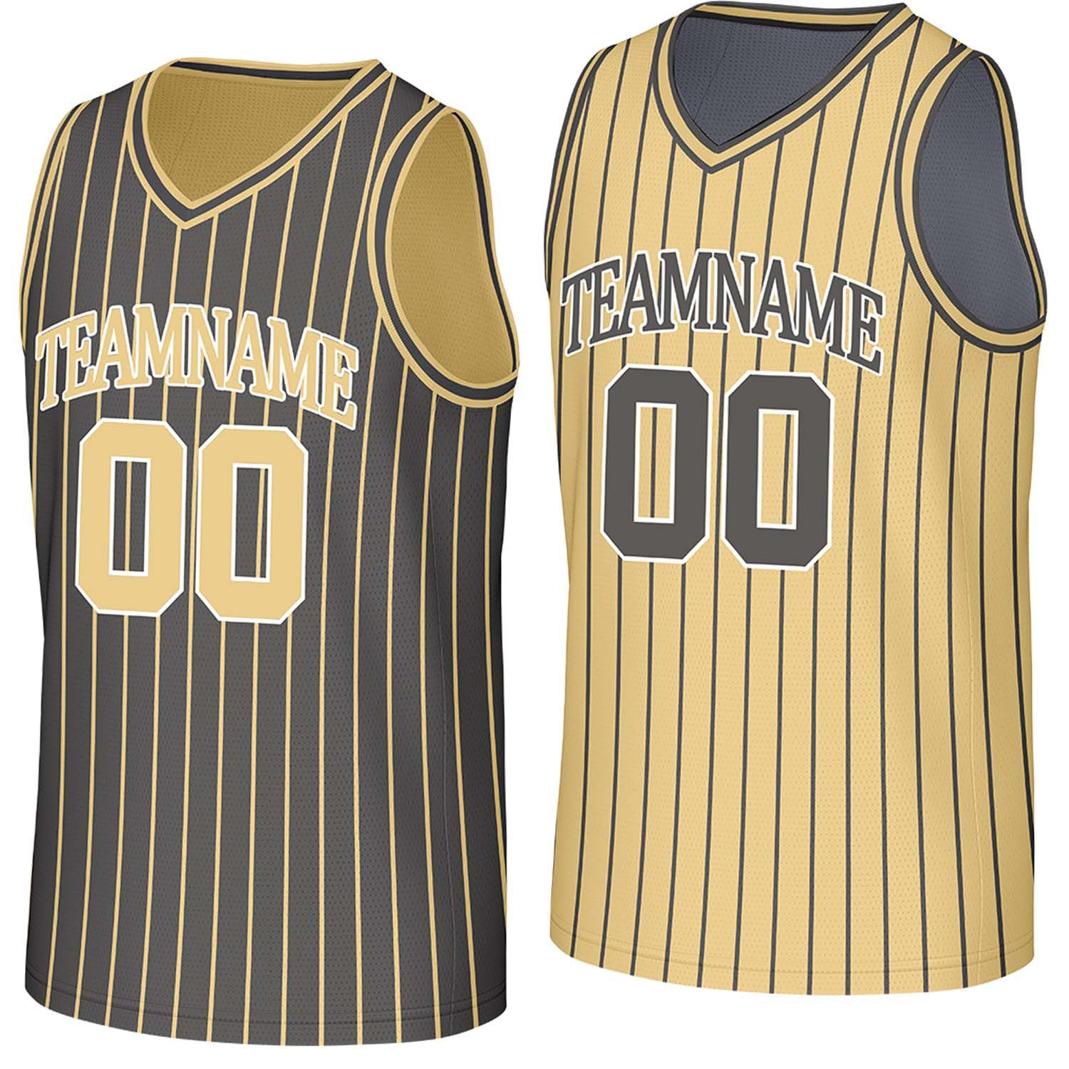 Custom dark grey & gold pinstripe reversible basketball jersey by Vosoli | Personalized team name, number & logo | Breathable mesh reversible sport jersey
