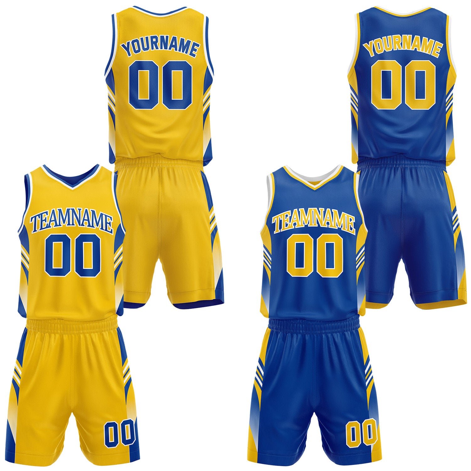 Custom gold and royal blue reversible basketball uniform by Vosoli. Personalized with team name, number, and logo. Breathable mesh jersey and shorts for high school, college, AAU teams.