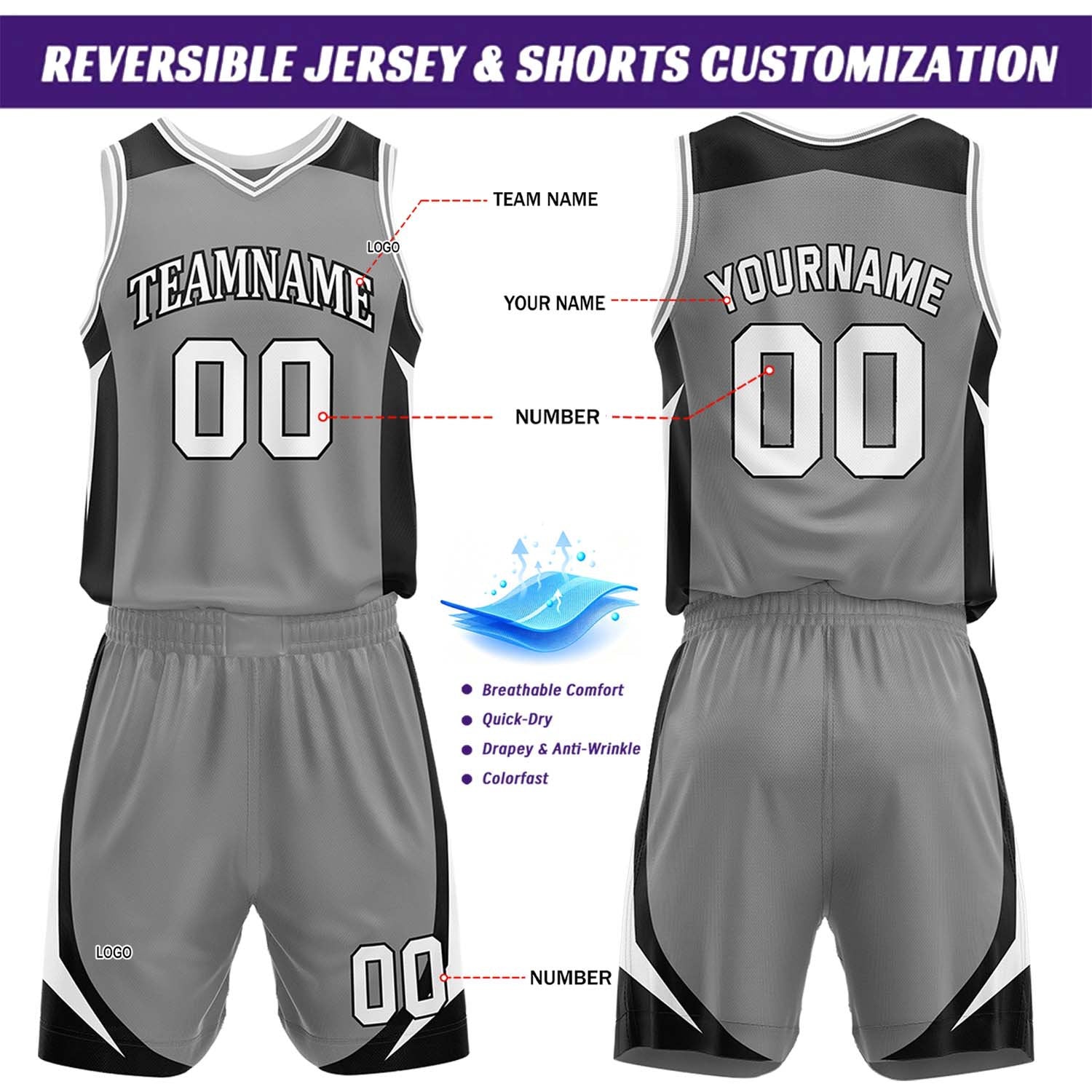 Custom Gray & Black Reversible Basketball Jersey Short Set | Personalized Team Uniforms Set for Adult Youth